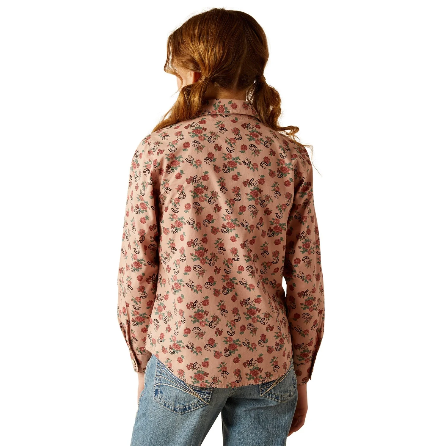 Ariat Girls Flowers N' Horseshoes Snap Shirt - Floral Horseshoes Print - Image 2