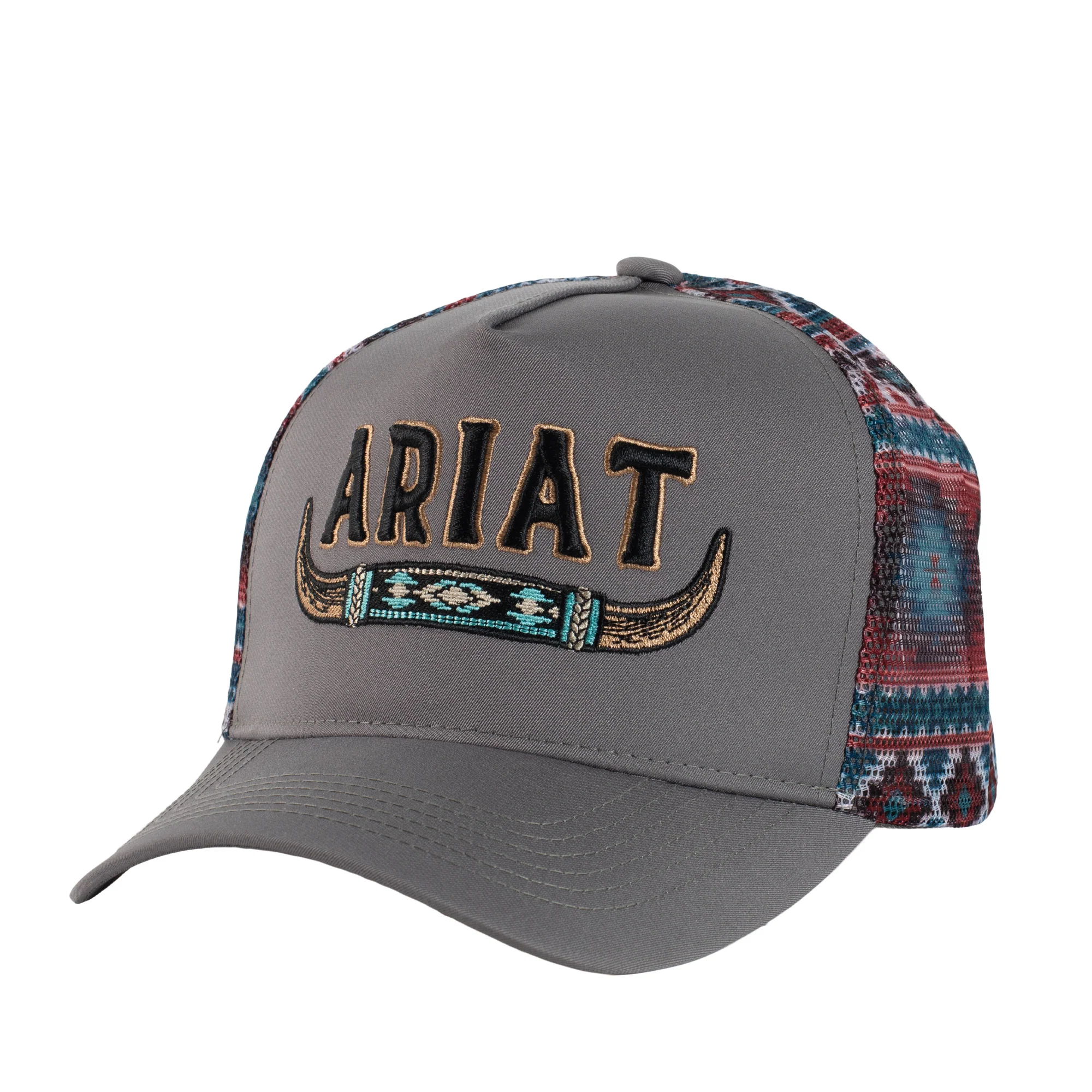 Ariat Longhorn Trucker Cap - Grey / Aztec Mesh