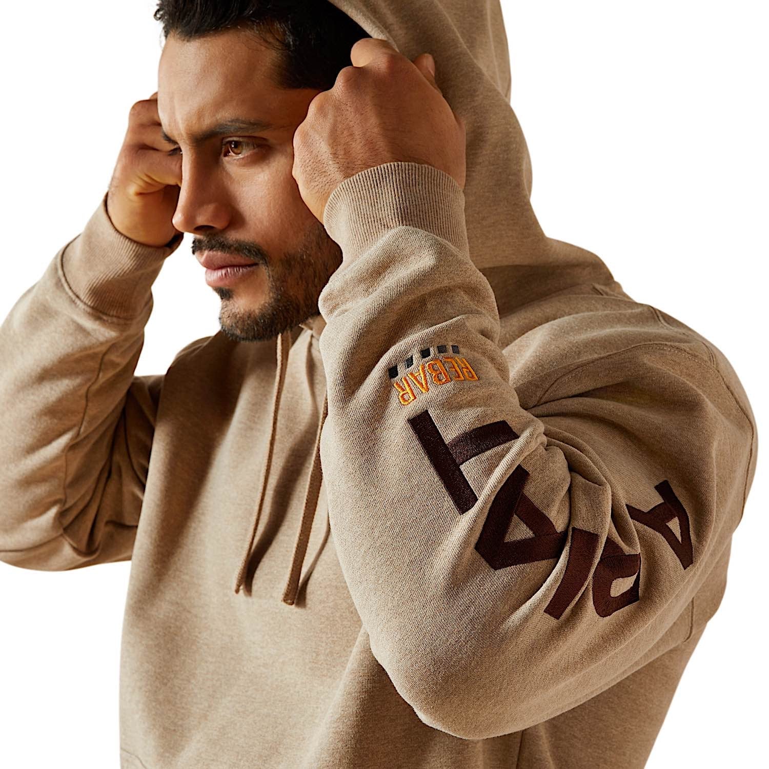 Ariat Men's Rebar Graphic Hoodie - Oatmeal Heather/Bitter Chocolate - Image 4