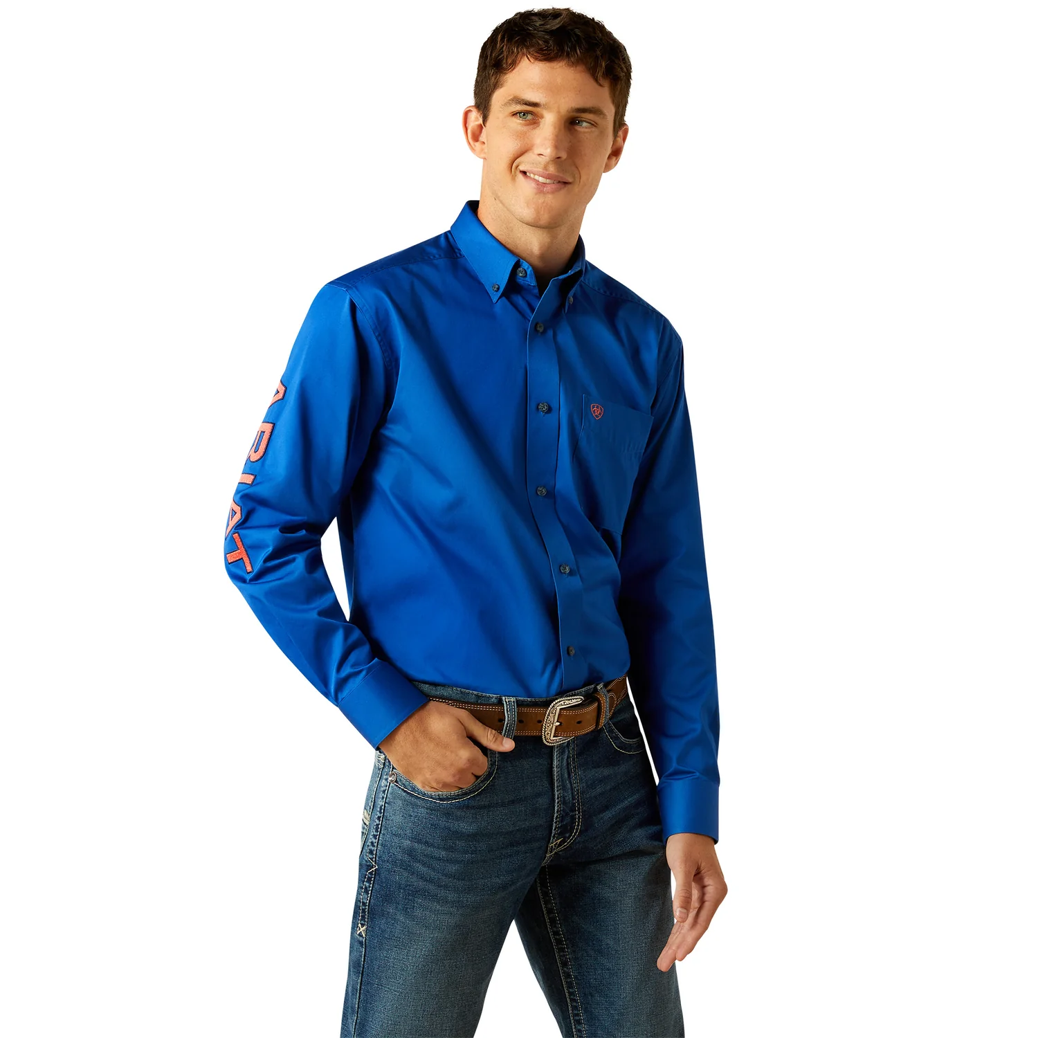 Ariat Men's Team Logo Twill Classic Fit Shirt - Blue/Orange