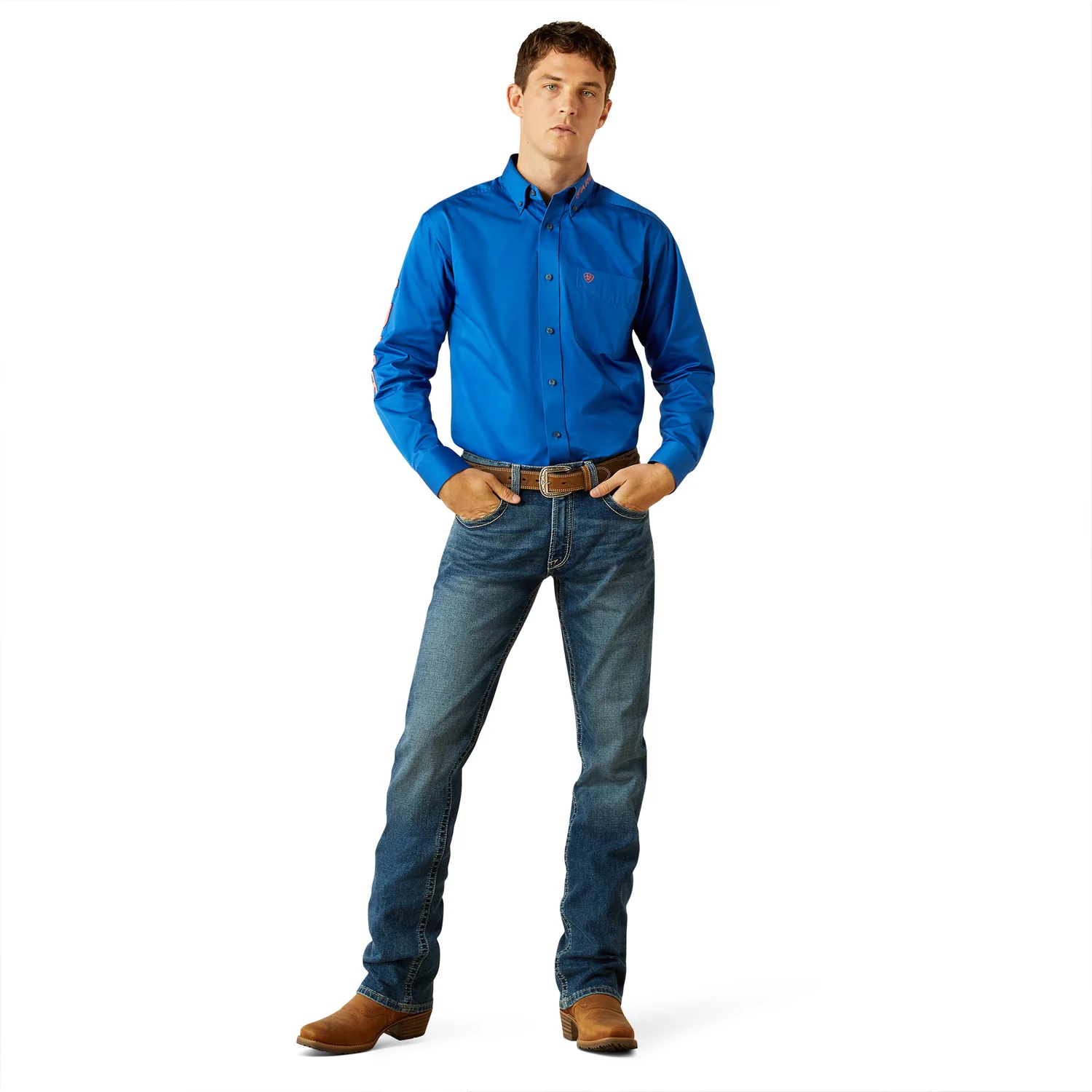 Ariat Men's Team Logo Twill Classic Fit Shirt - Blue/Orange - Image 5