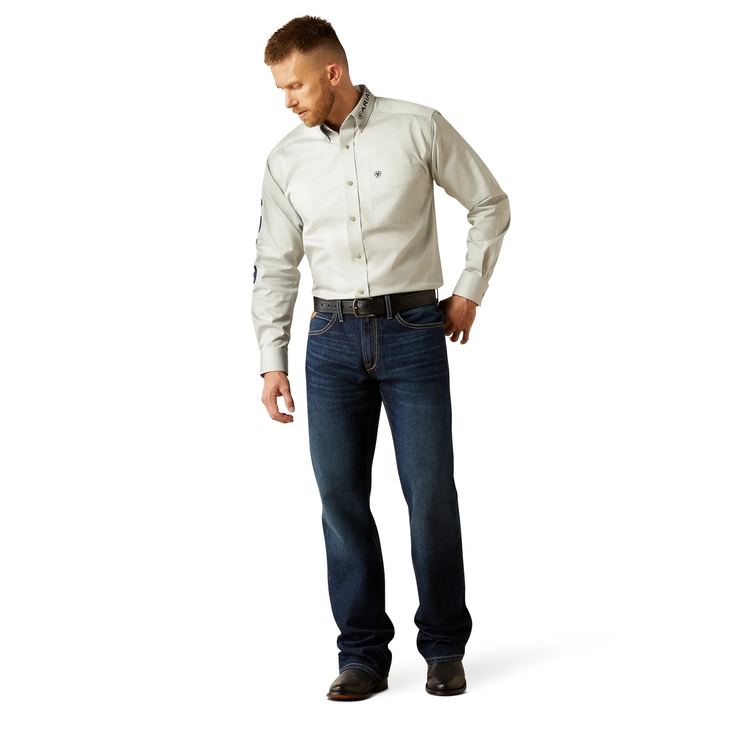Ariat Men's Team Logo Twill Classic Fit Shirt - Silver / Navy - Image 5
