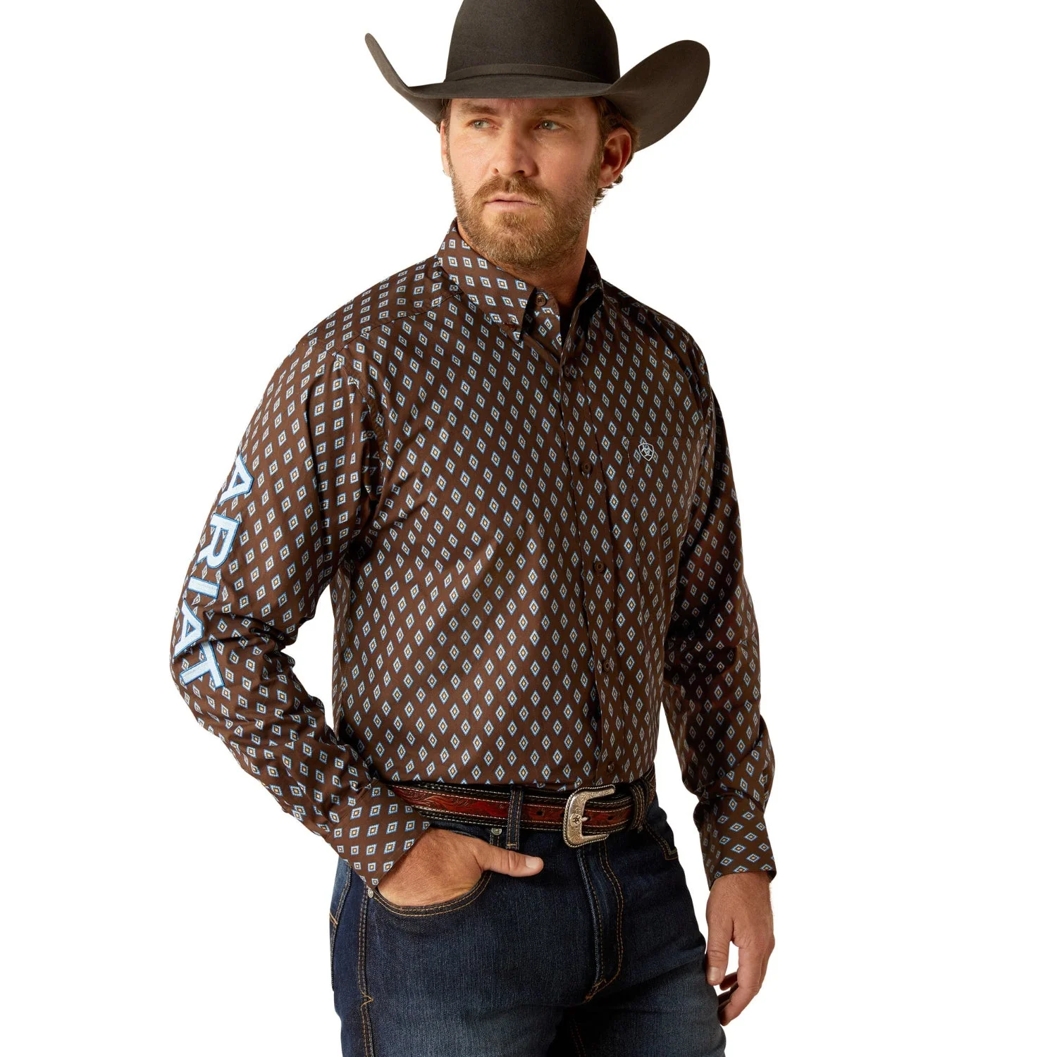 Ariat Men's Team Oak Classic Fit Shirt - Brown/Light Blue