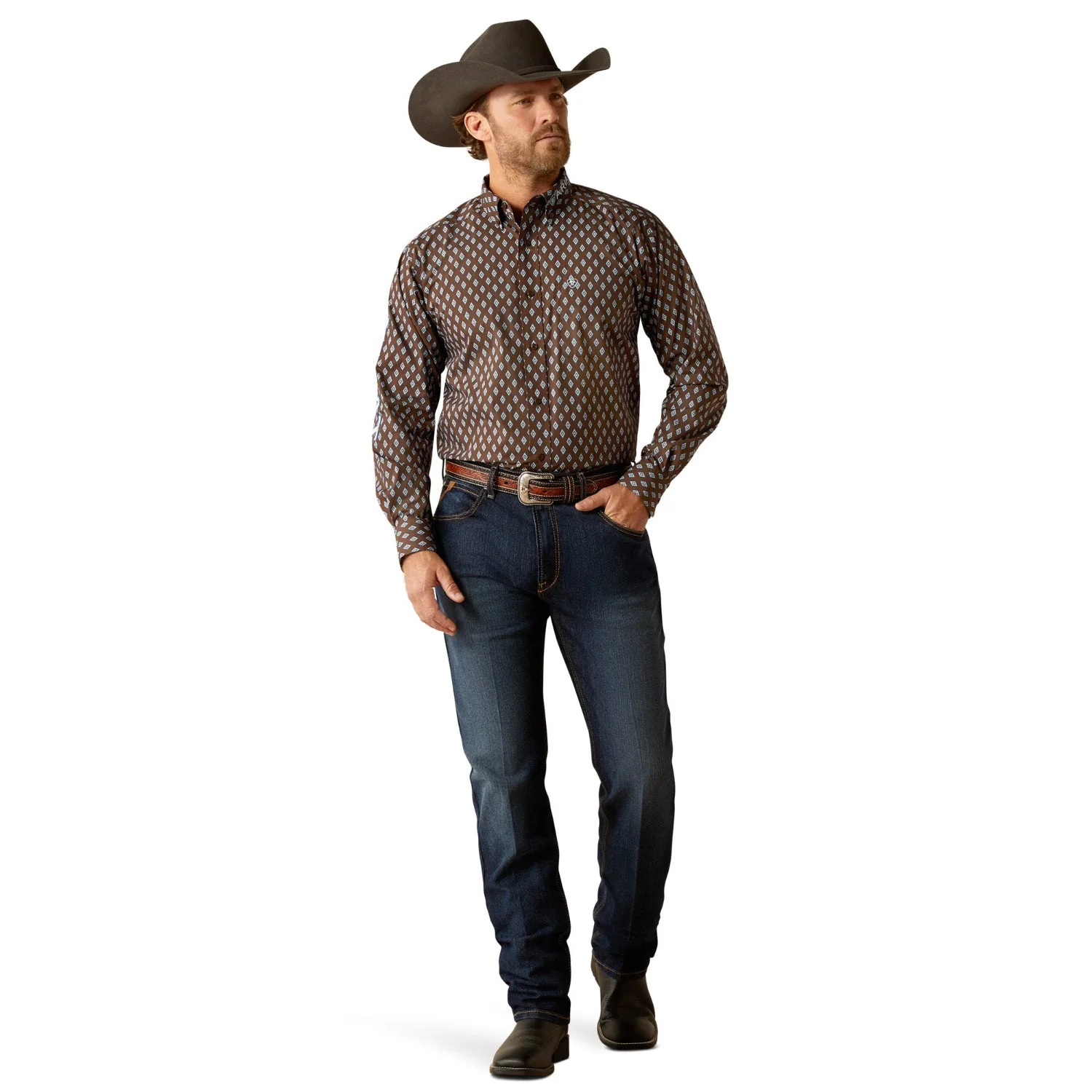 Ariat Men's Team Oak Classic Fit Shirt - Brown/Light Blue - Image 3