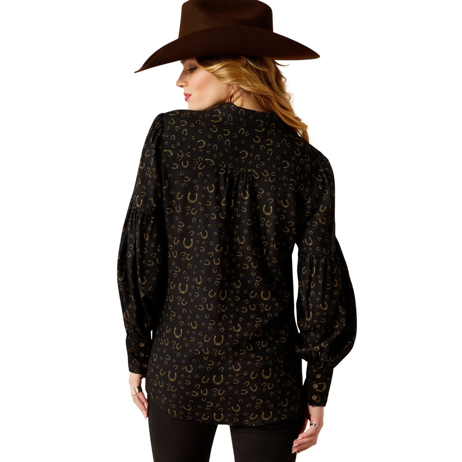 Ariat Women's Blinged Out Top - Golden Horseshoes Print - Image 2