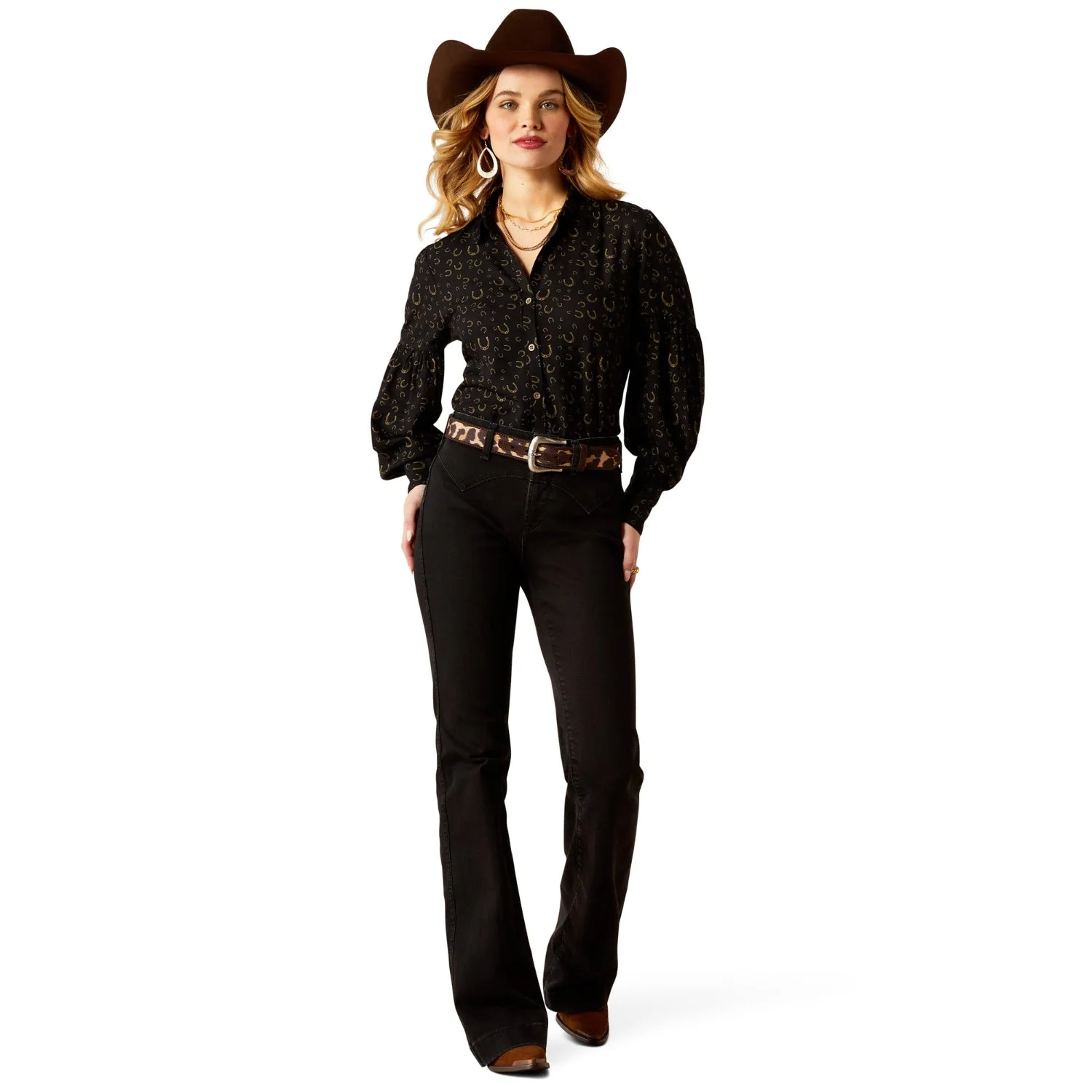 Ariat Women's Blinged Out Top - Golden Horseshoes Print - Image 3