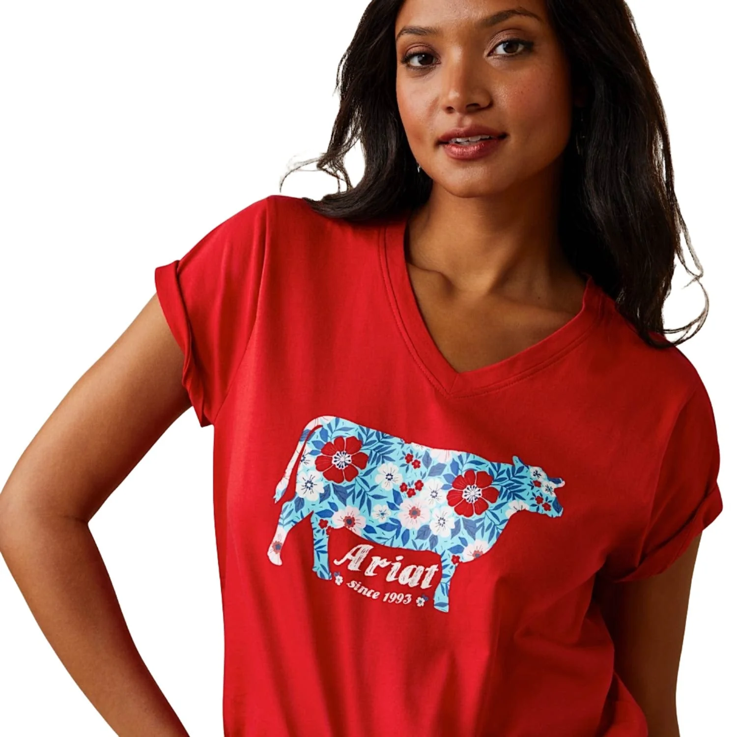 Ariat Womens Flower Cow S/S Tee Equestrian Red - Image 3