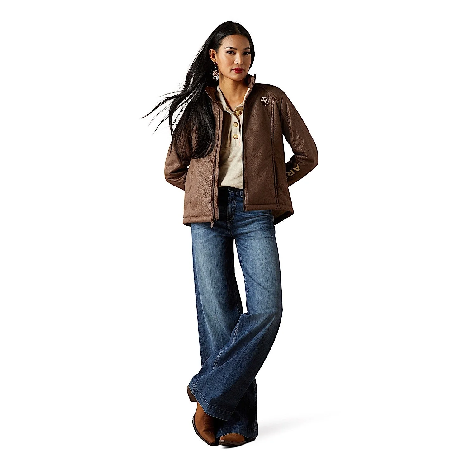 Ariat Women's Logo Softshell Faux Leather Jacket - Brown - Image 3