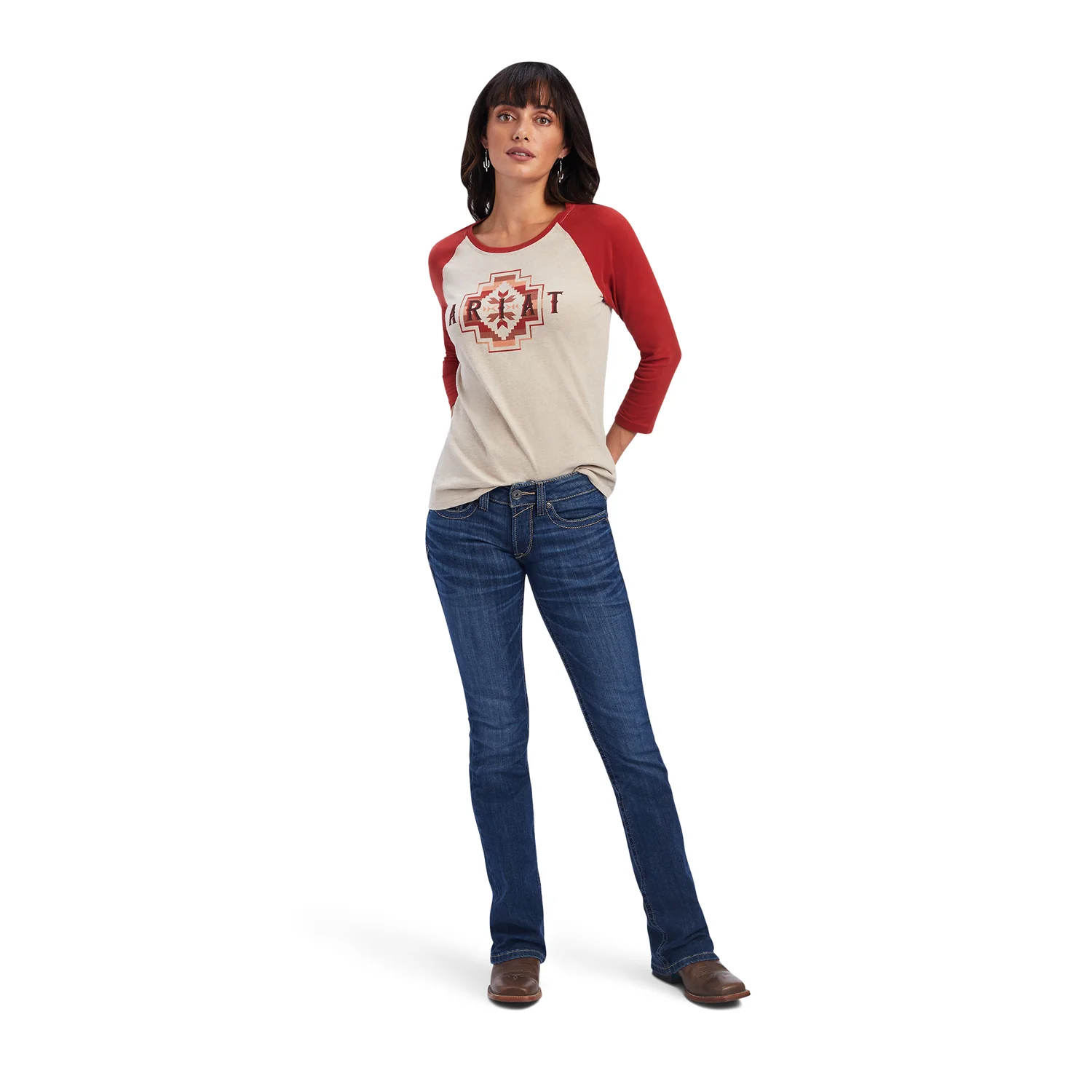Ariat Women's Classic 3/4 Sleeve Tee - Oatmeal Heather / Sunrise - Image 3
