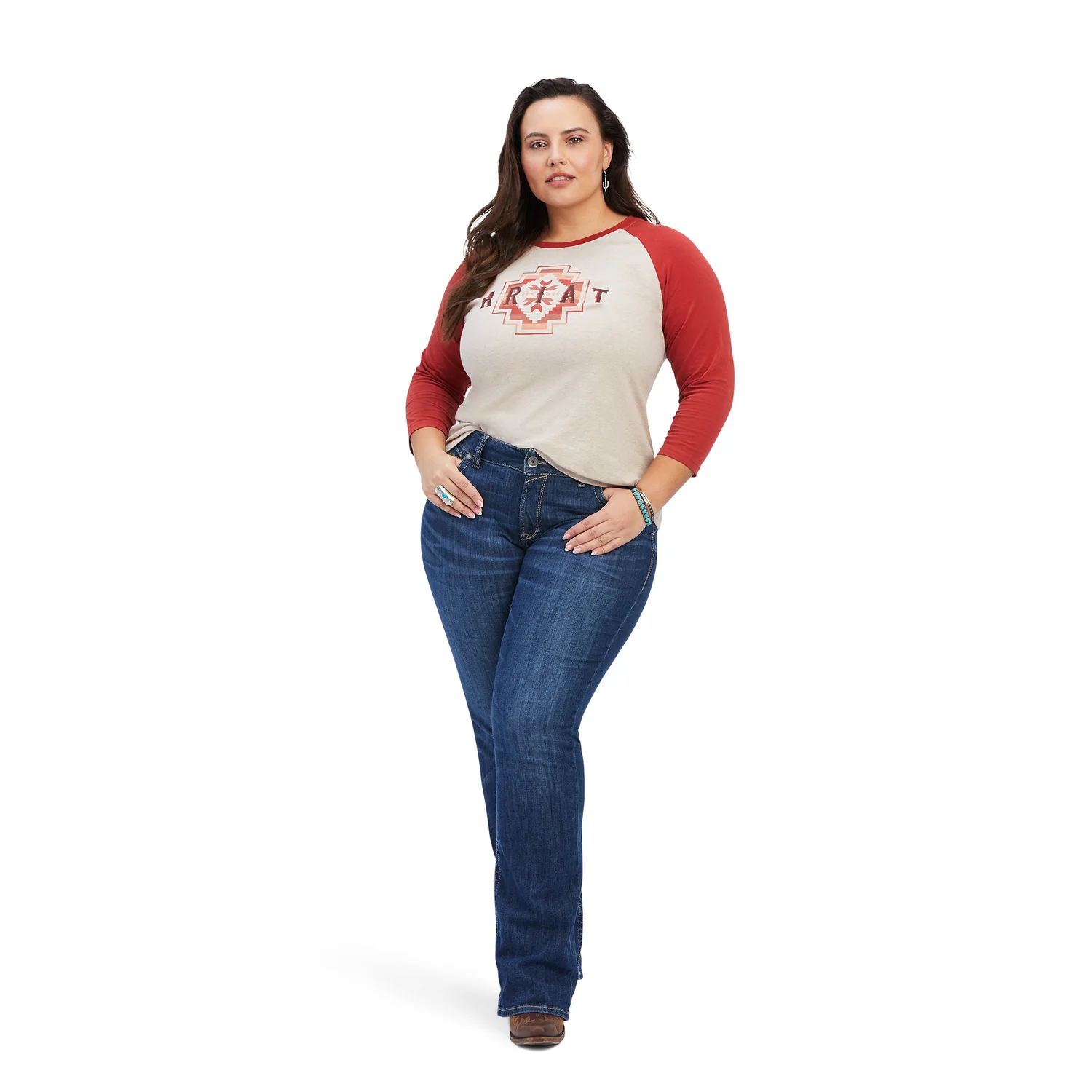 Ariat Women's Classic 3/4 Sleeve Tee - Oatmeal Heather / Sunrise - Image 6
