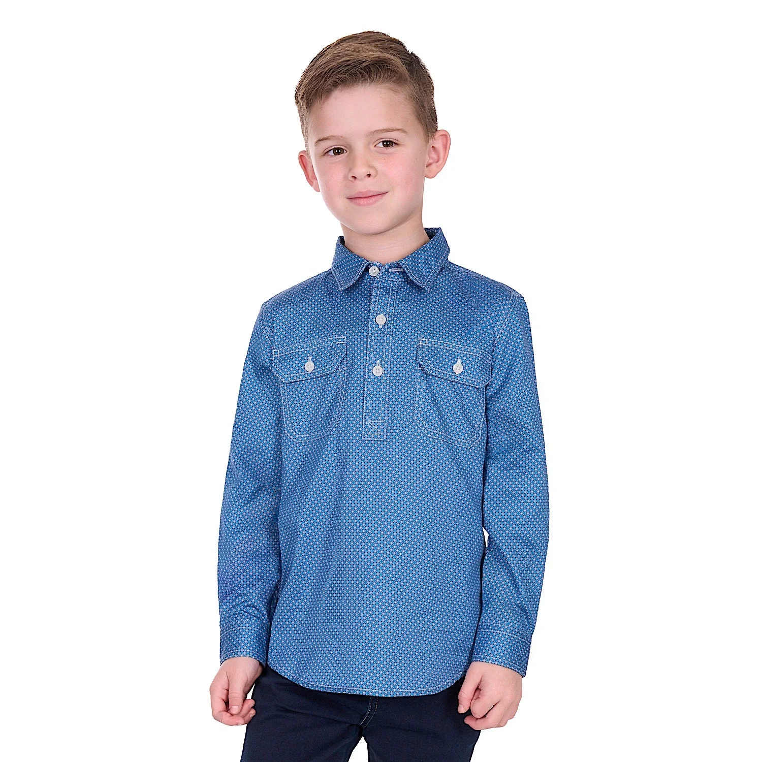 Hard Slog Boy's Holden 1/2 Placket Shirt - Navy/Blue