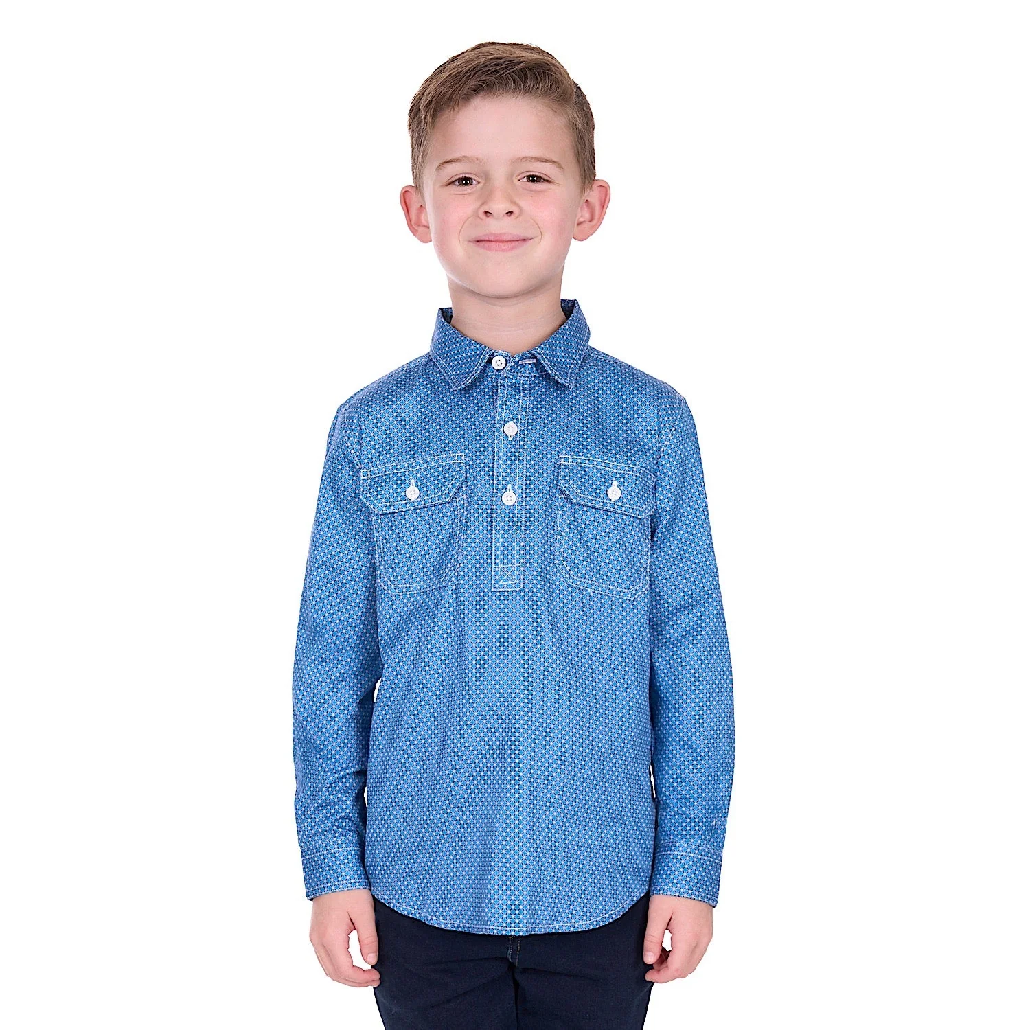 Hard Slog Boy's Holden 1/2 Placket Shirt - Navy/Blue - Image 2
