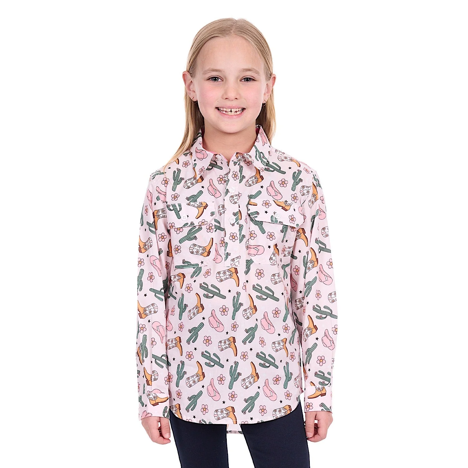 Hard Slog Girl's Cleo 1/2 Placket Shirt - Pink