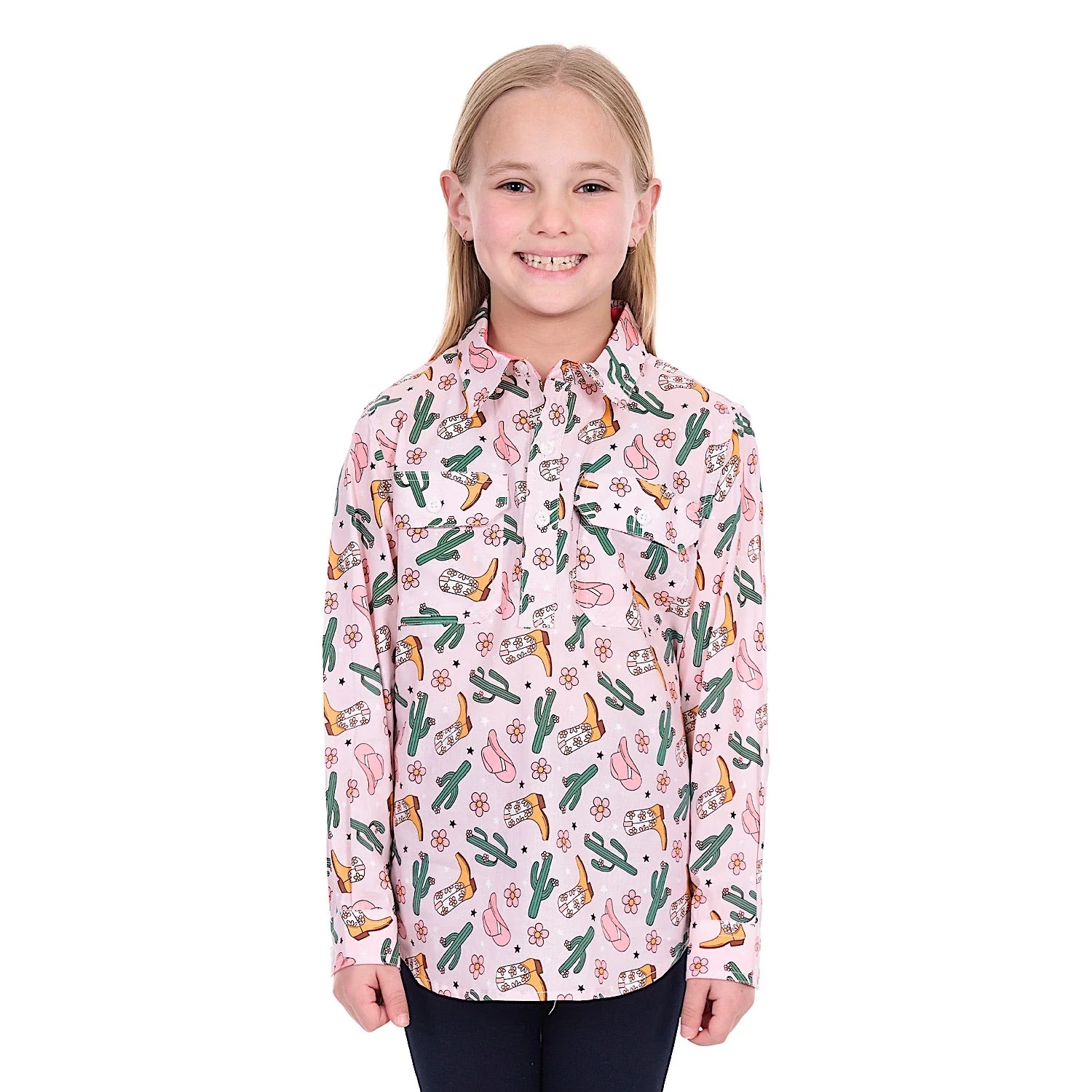 Hard Slog Girl's Cleo 1/2 Placket Shirt - Pink - Image 2