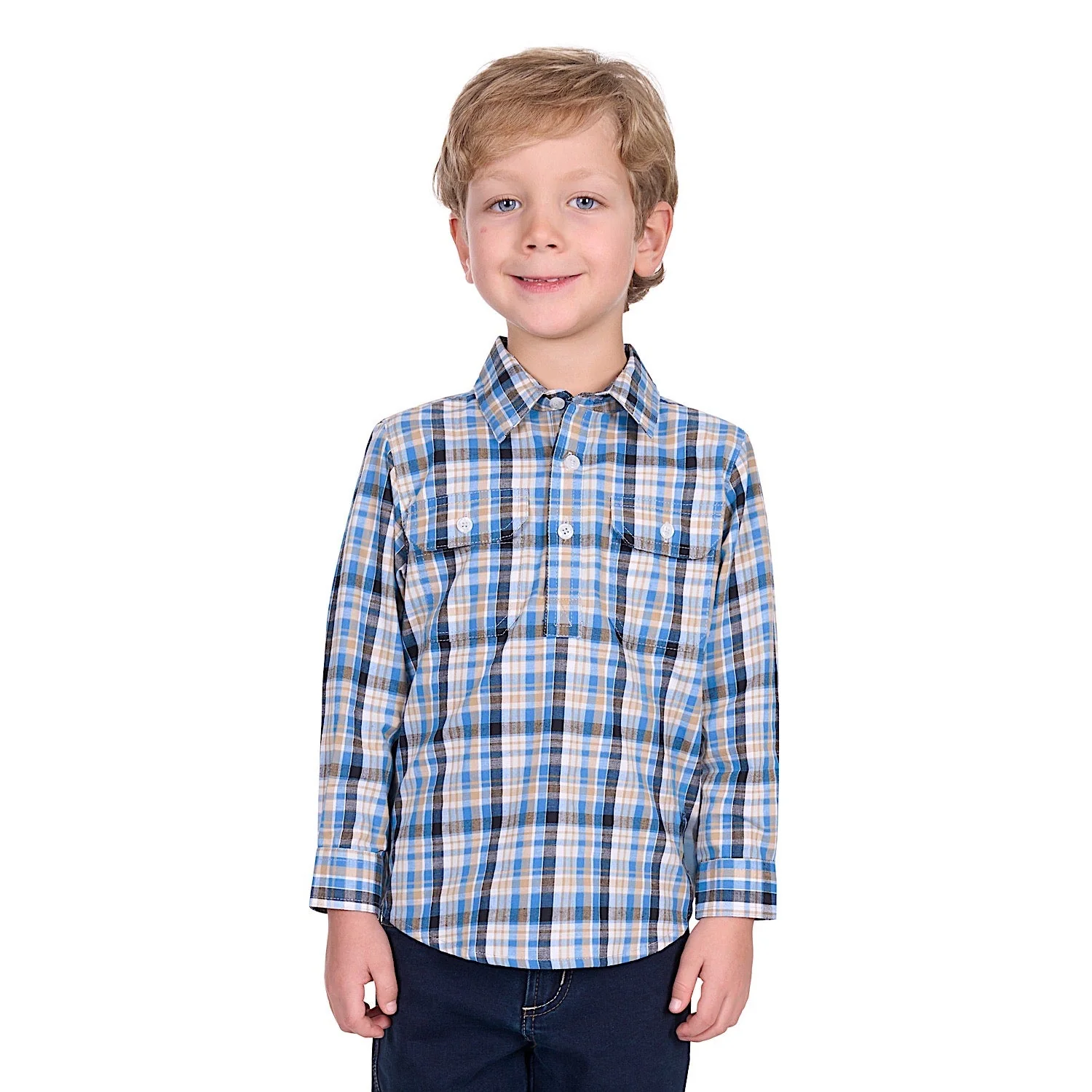 Hard Slog Kid's Gibson Half Placket Long Sleeve Shirt - Blue/Tan - Image 2