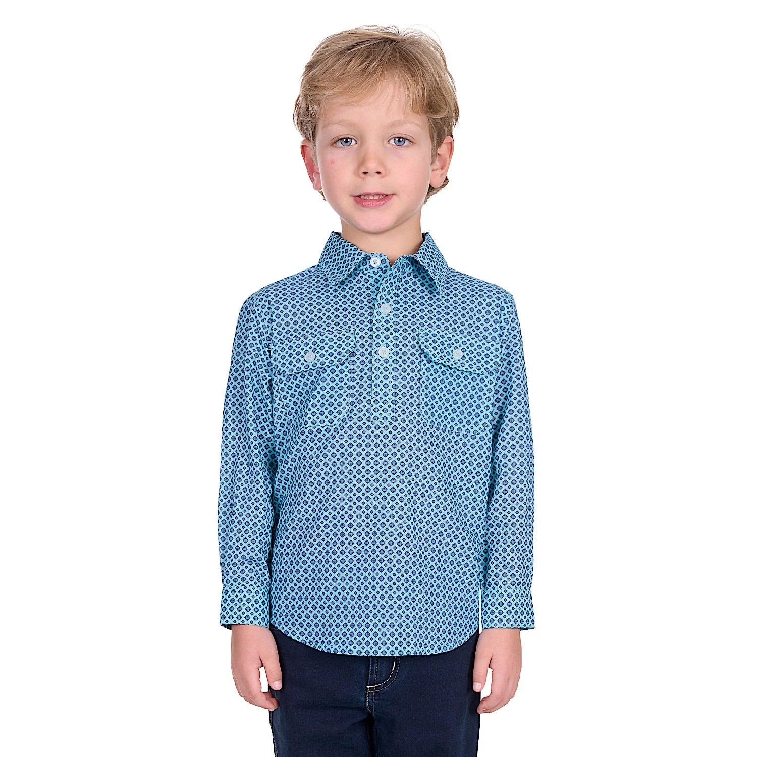 Hard Slog Kid's Lygon Half Placket Long Sleeve Shirt - Blue/Navy - Image 2