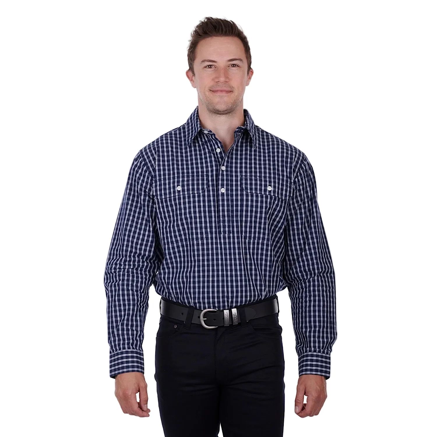 Hard Slog Mens Alon Half Placket Shirt Navy