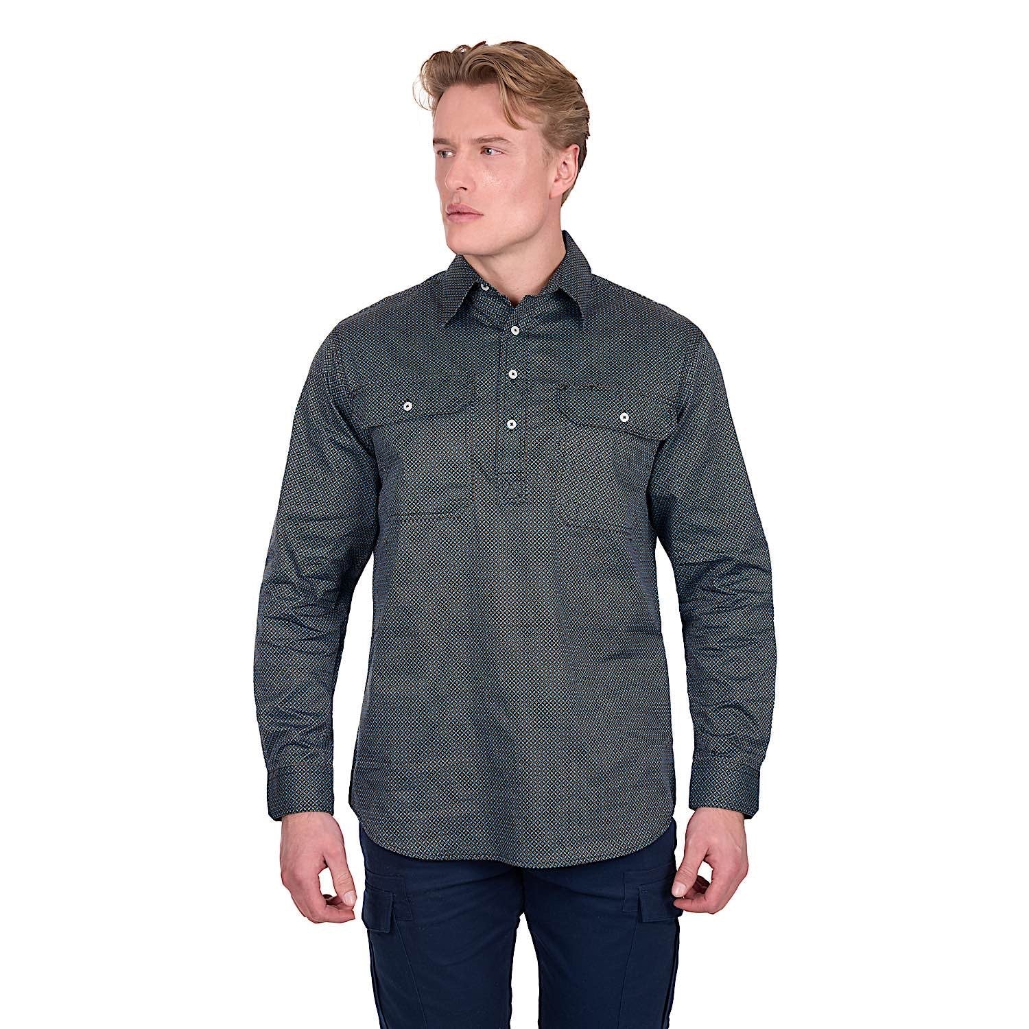Hard Slog Men's Blake 1/2 Placket Shirt - Black/Blue
