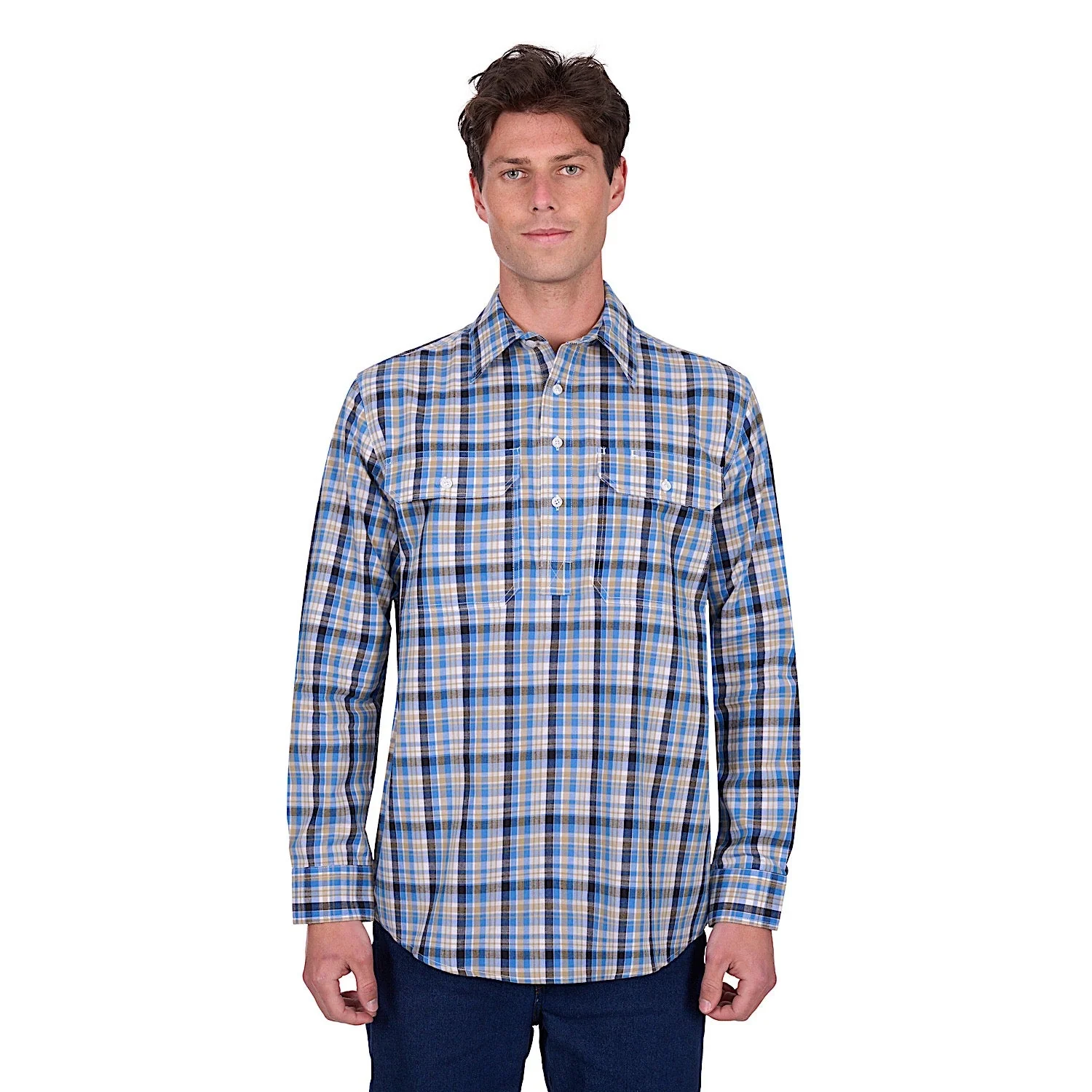 Hard Slog Men's Gibson Half Placket Long Sleeve Shirt - Blue/Tan - Image 2