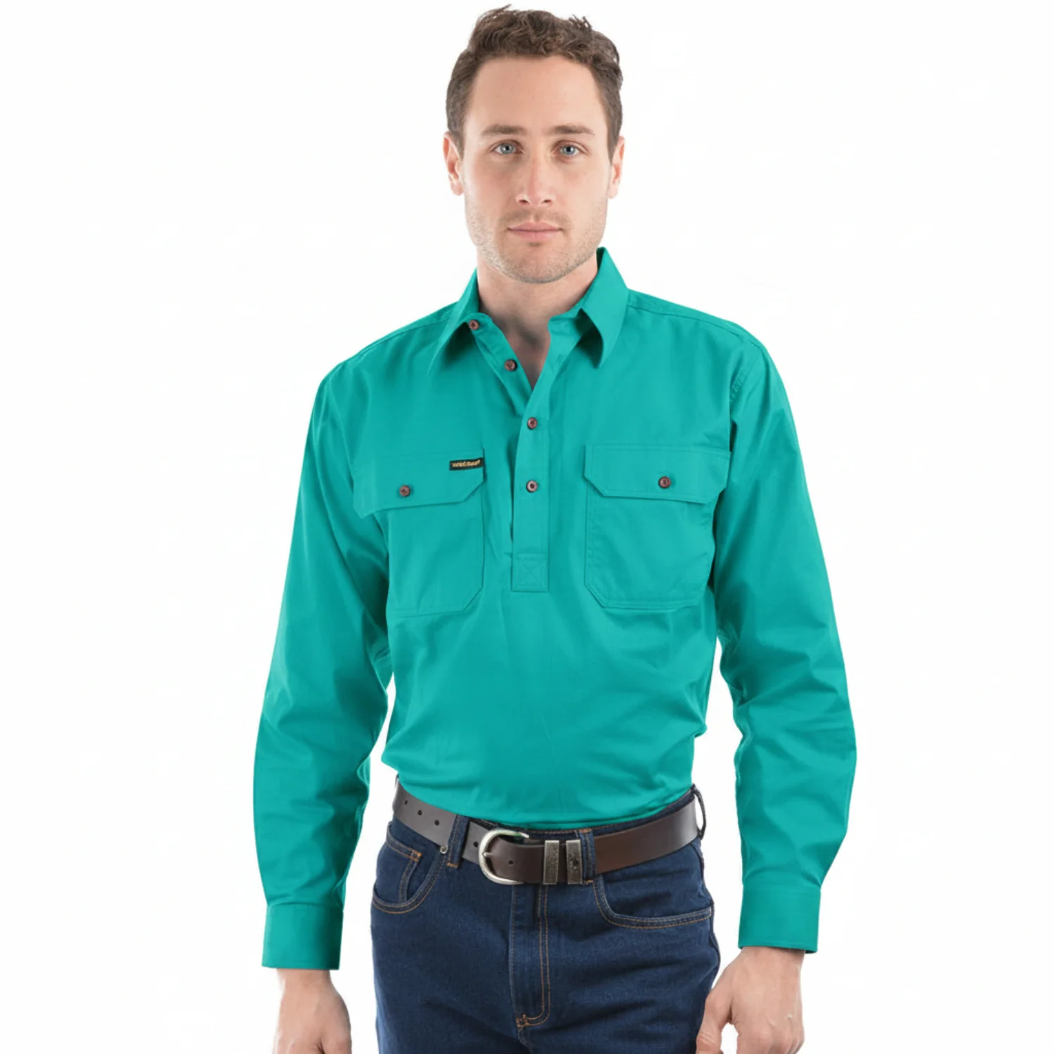 Hard Slog Men's Half Placket Light Cotton Long Sleeve Shirt Bright Blue - Image 2