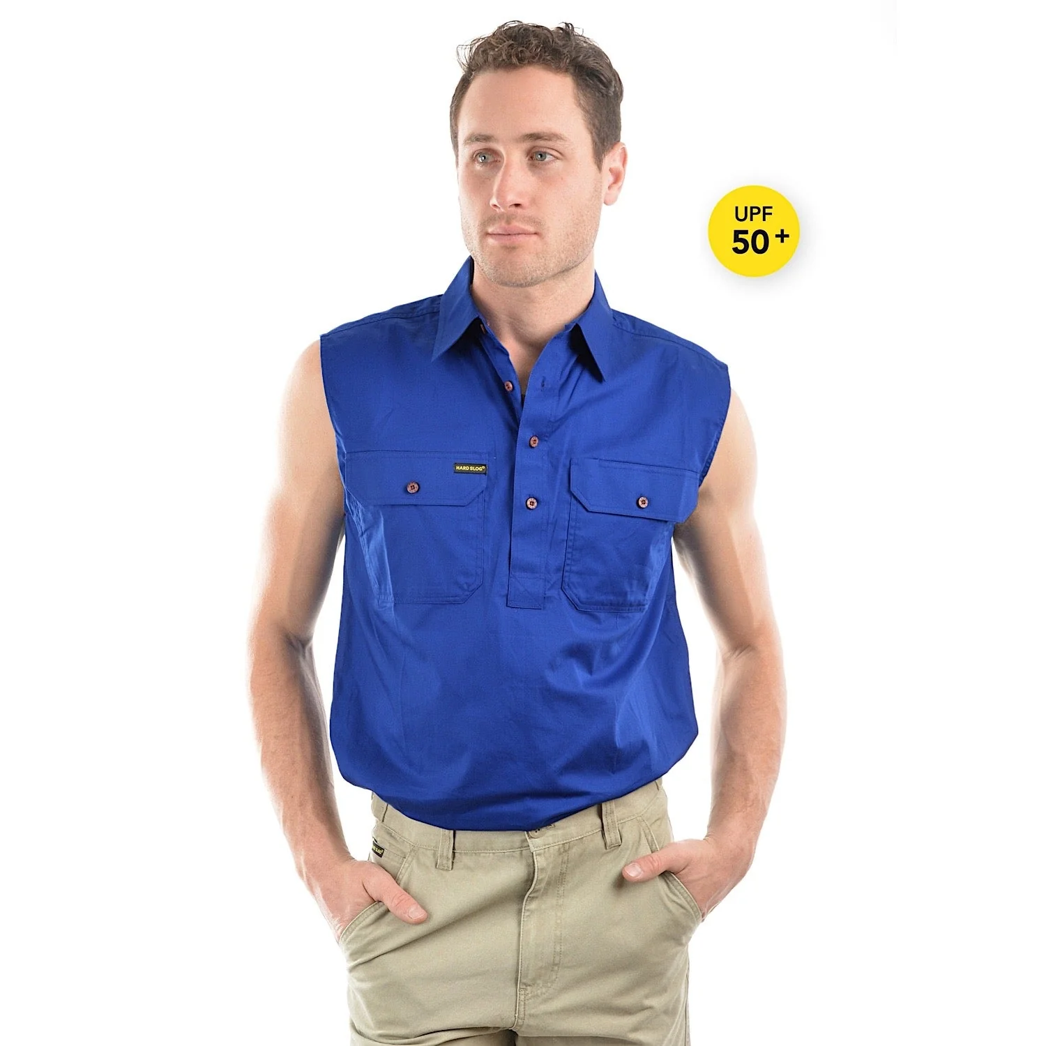 Hard Slog Men's Half Placket Light Cotton Sleeveless Shirt Royal Blue - Image 2