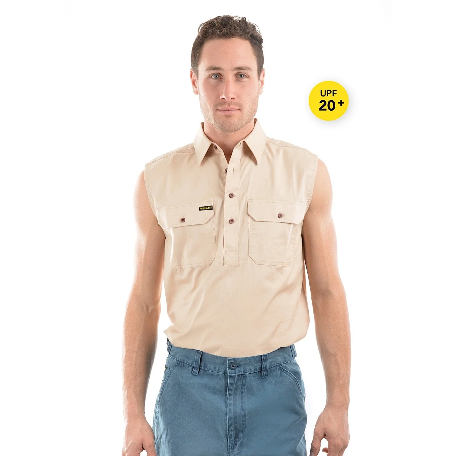 Hard Slog Half Placket Light Cotton Sleeveless Shirt - Stone - Image 2