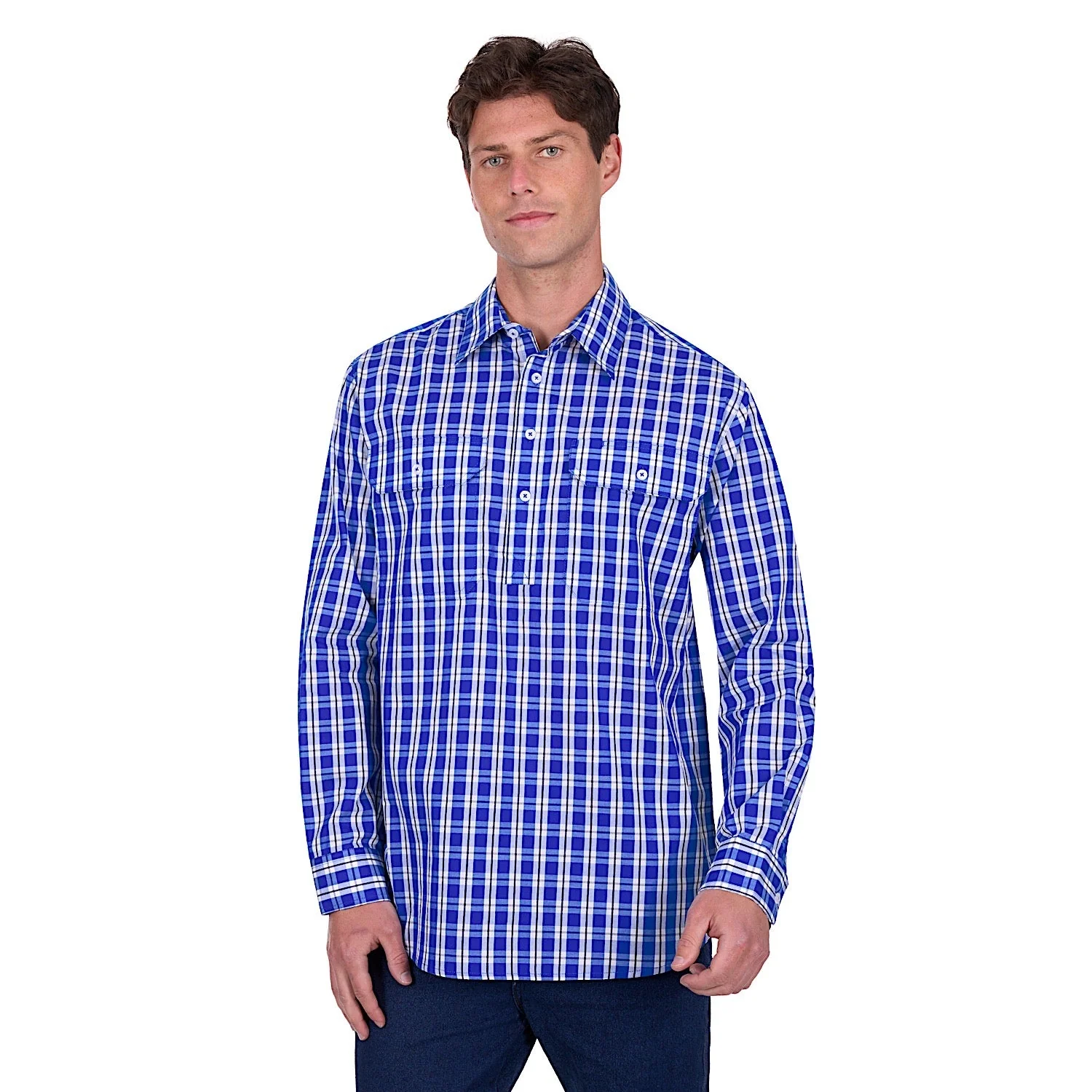 Hard Slog Men's Levers Half Placket Long Sleeve Shirt - Royal/White