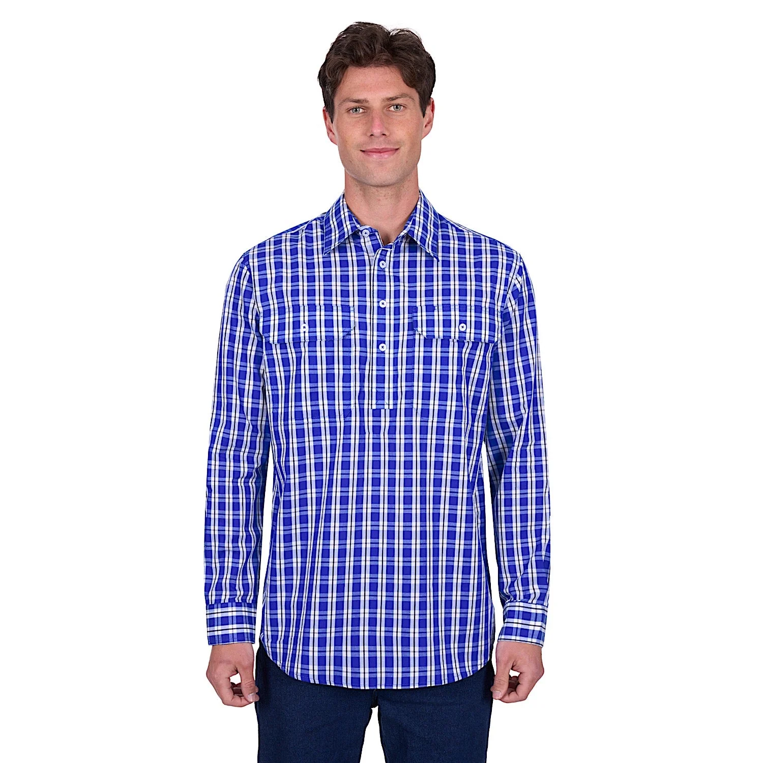 Hard Slog Men's Levers Half Placket Long Sleeve Shirt - Royal/White - Image 2