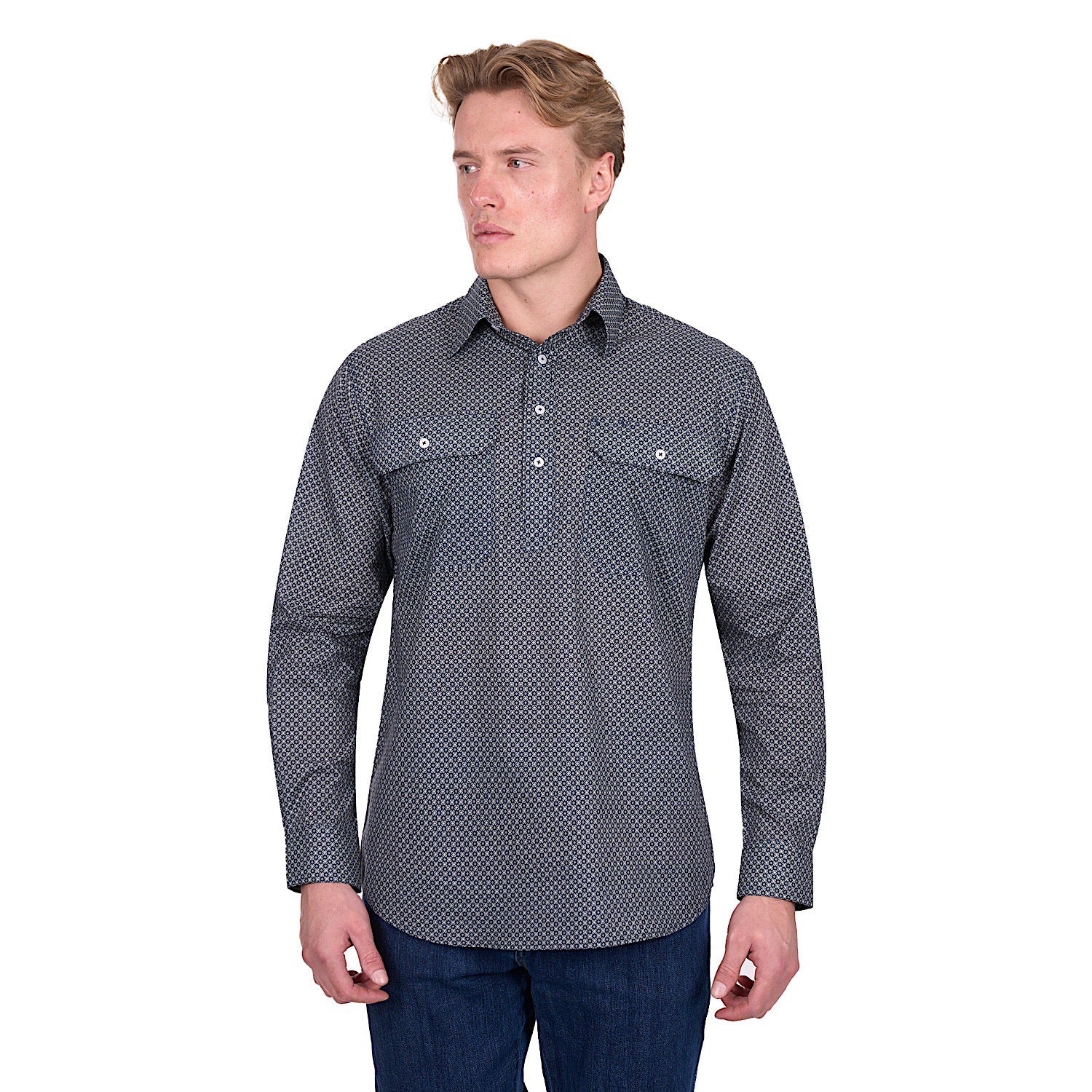 Hard Slog Men's Tomson Half Placket Long Sleeve Shirt - Navy/Tan