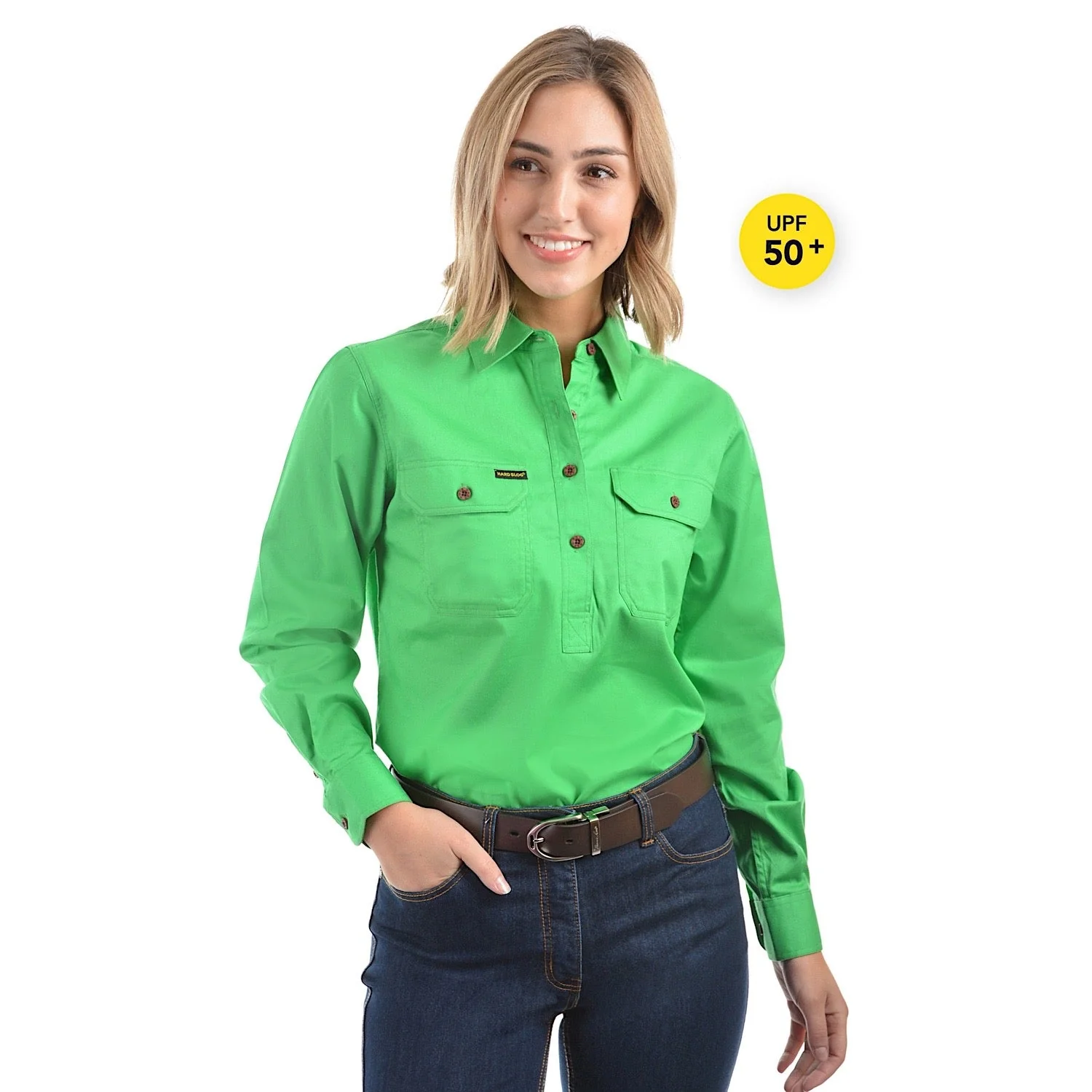 Hard Slog Womens Half Placket Light Cotton Shirt Lime Green - Image 2
