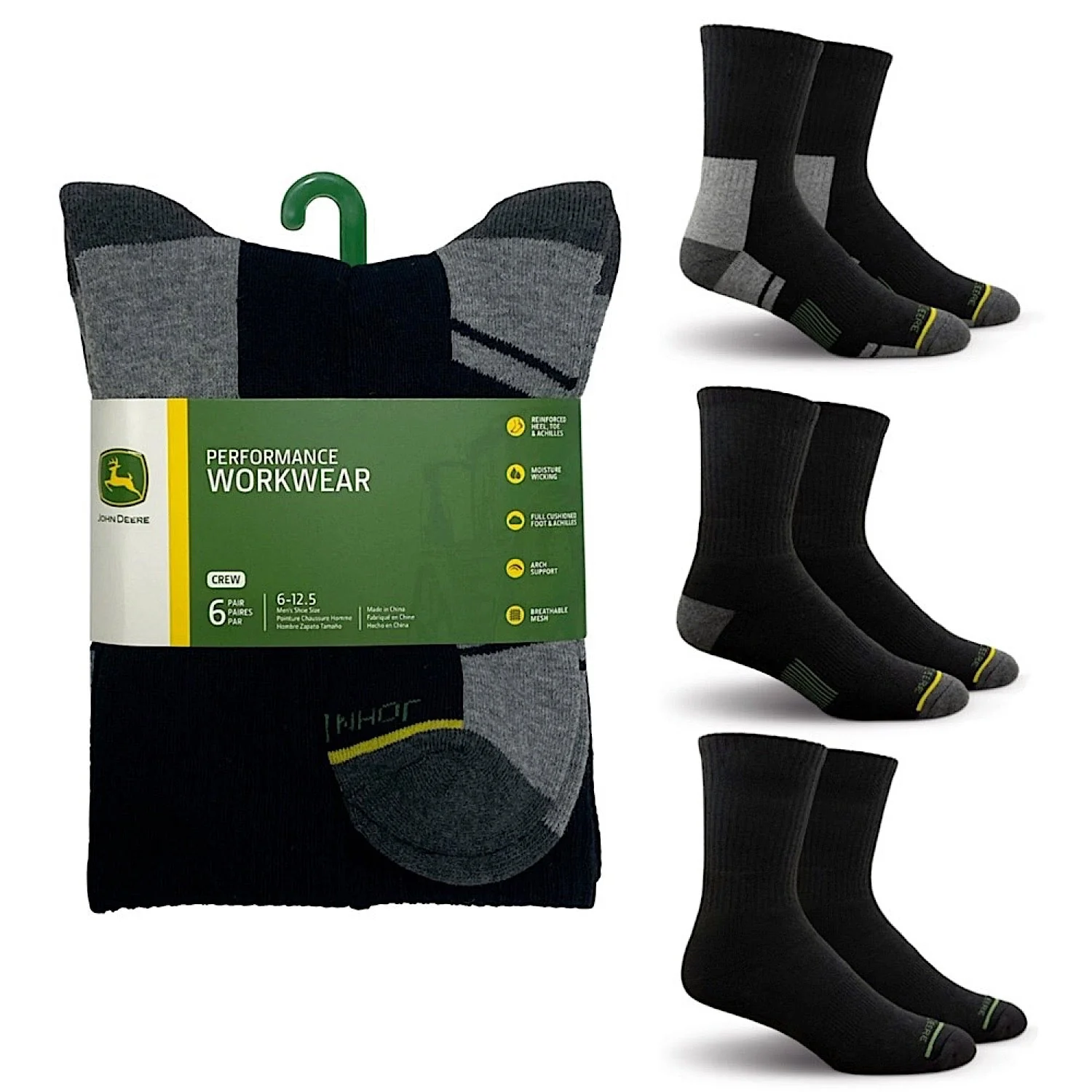 John Deere 6 Pack Crew Performance Socks - Black - Image 2