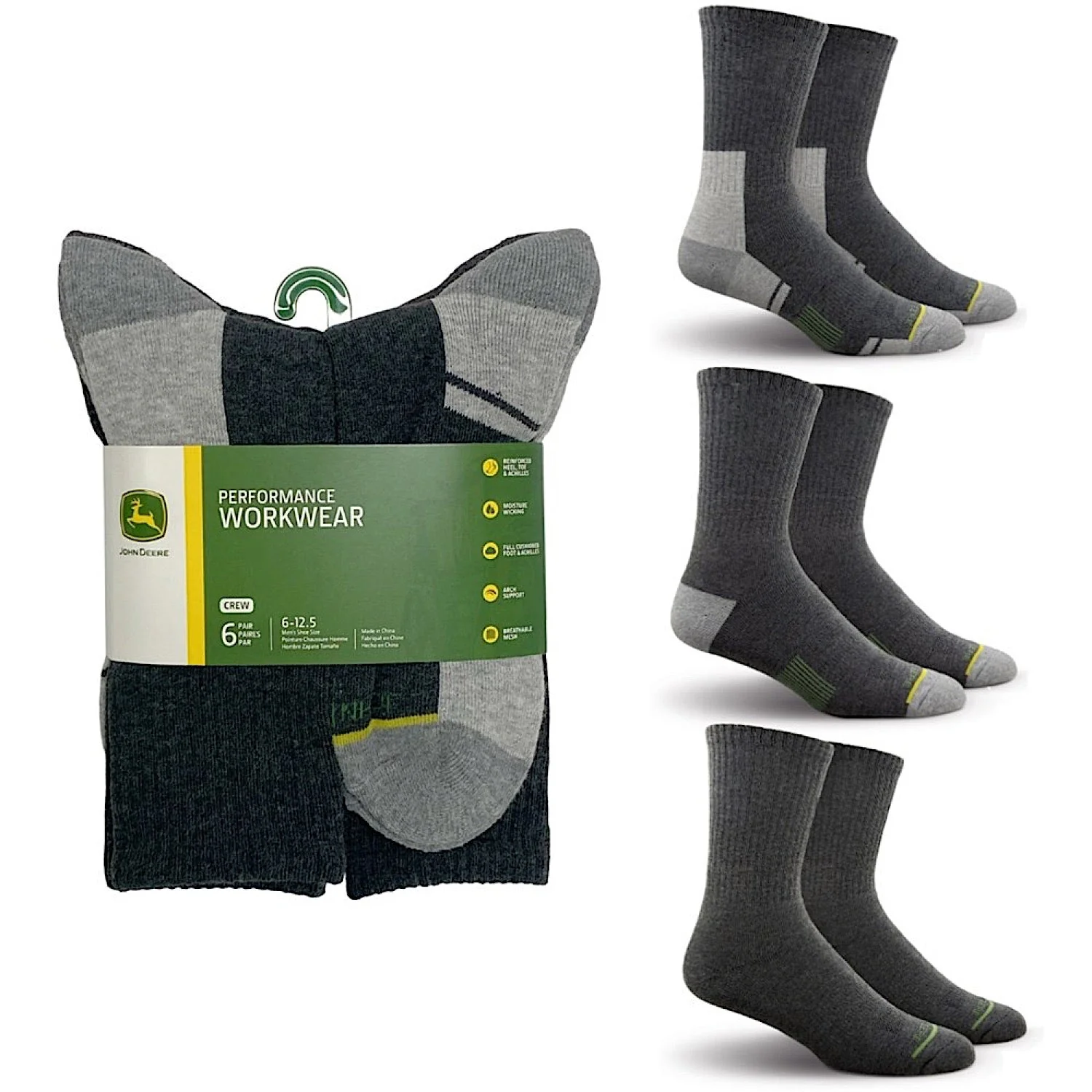 John Deere 6 Pack Crew Performance Socks - Grey - Image 2