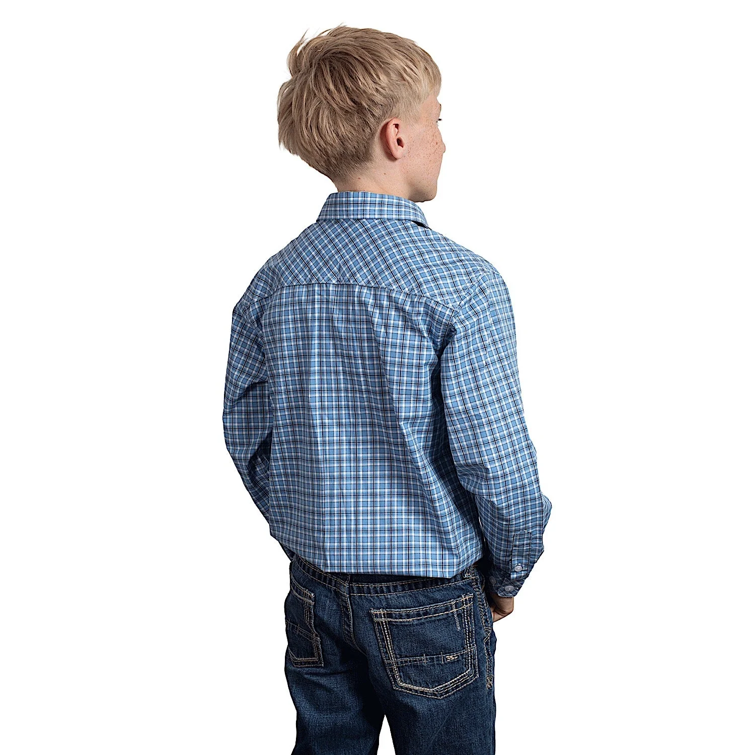 Just Country Boy's Brayden Half Button Plaid Workshirt - Marine Blue/Navy/White Plaid - Image 2