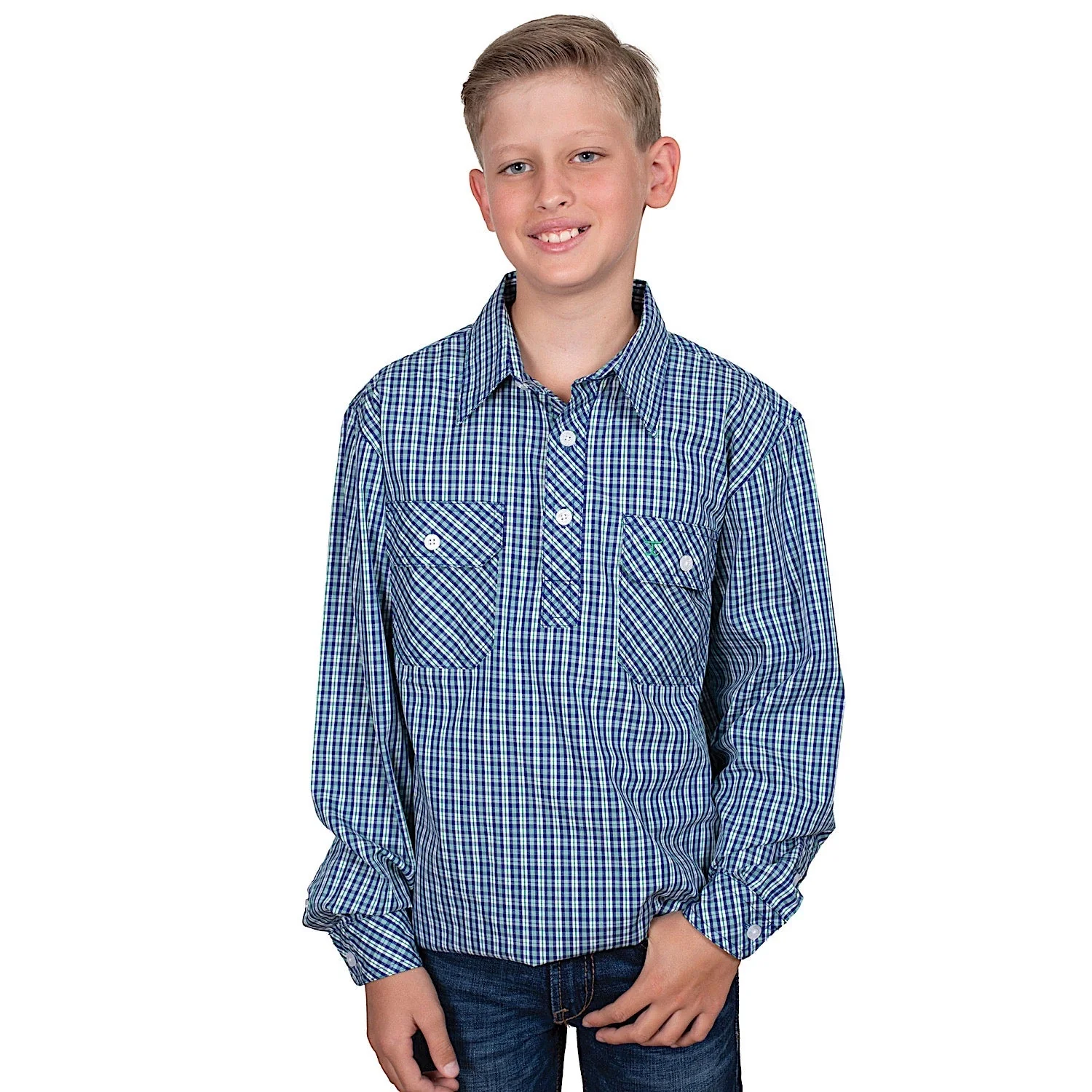 Just Country Boy's Brayden Half Button Print Workshirt - Navy/Ivy Green Check