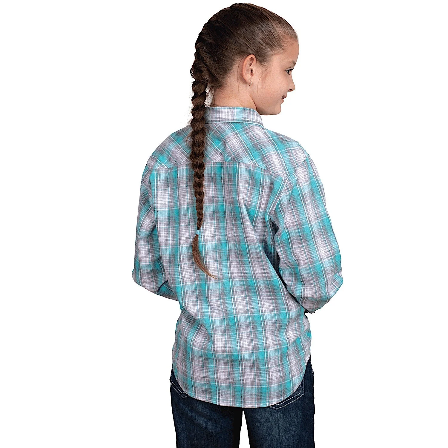 Just Country Girl's Harper Half Button Print Work Shirt - Capri Turquoise/Slate Check - Image 2
