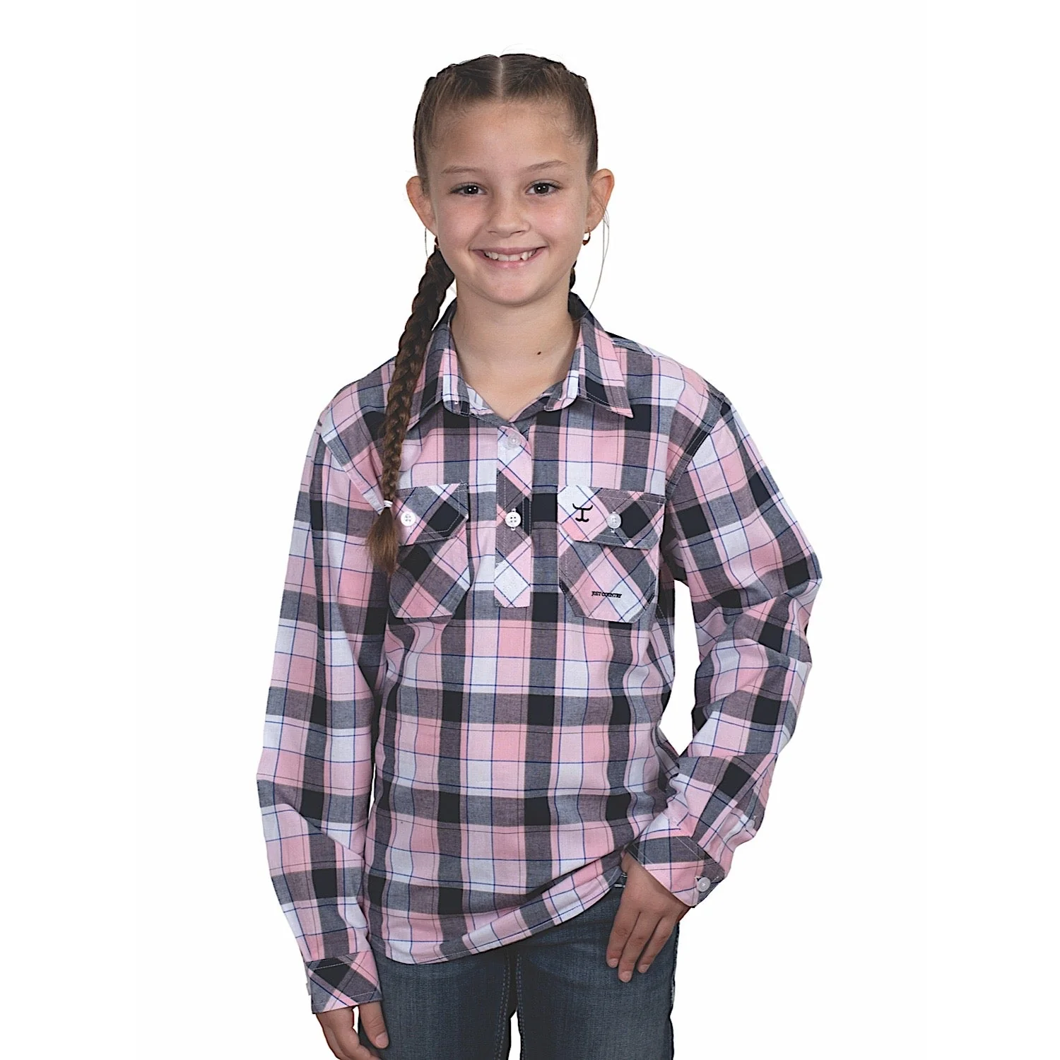 Just Country Girl's Harper Half Button Print Work Shirt - Light Pink/Navy Plaid