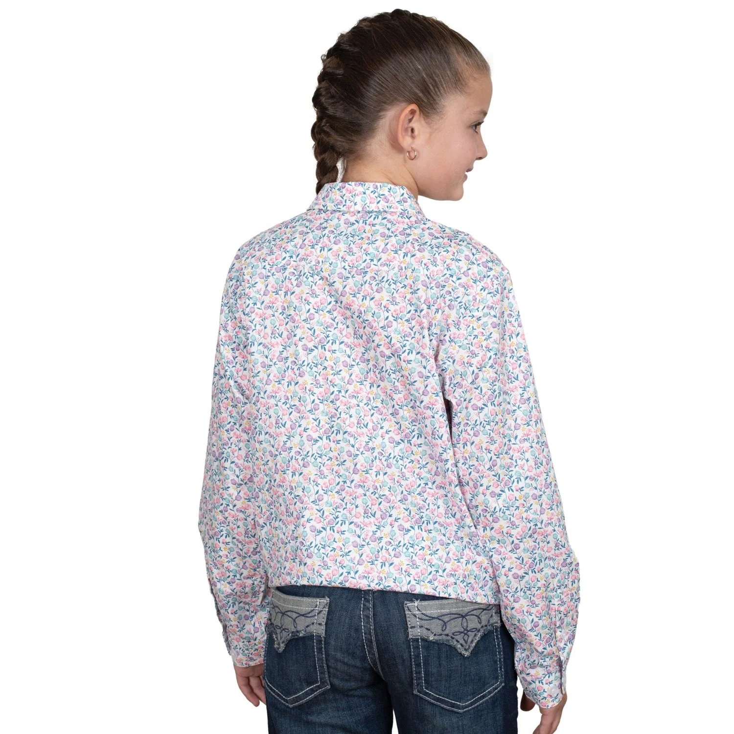 Just Country Girl's Harper Half Button Print Work Shirt - White Tulips - Image 2