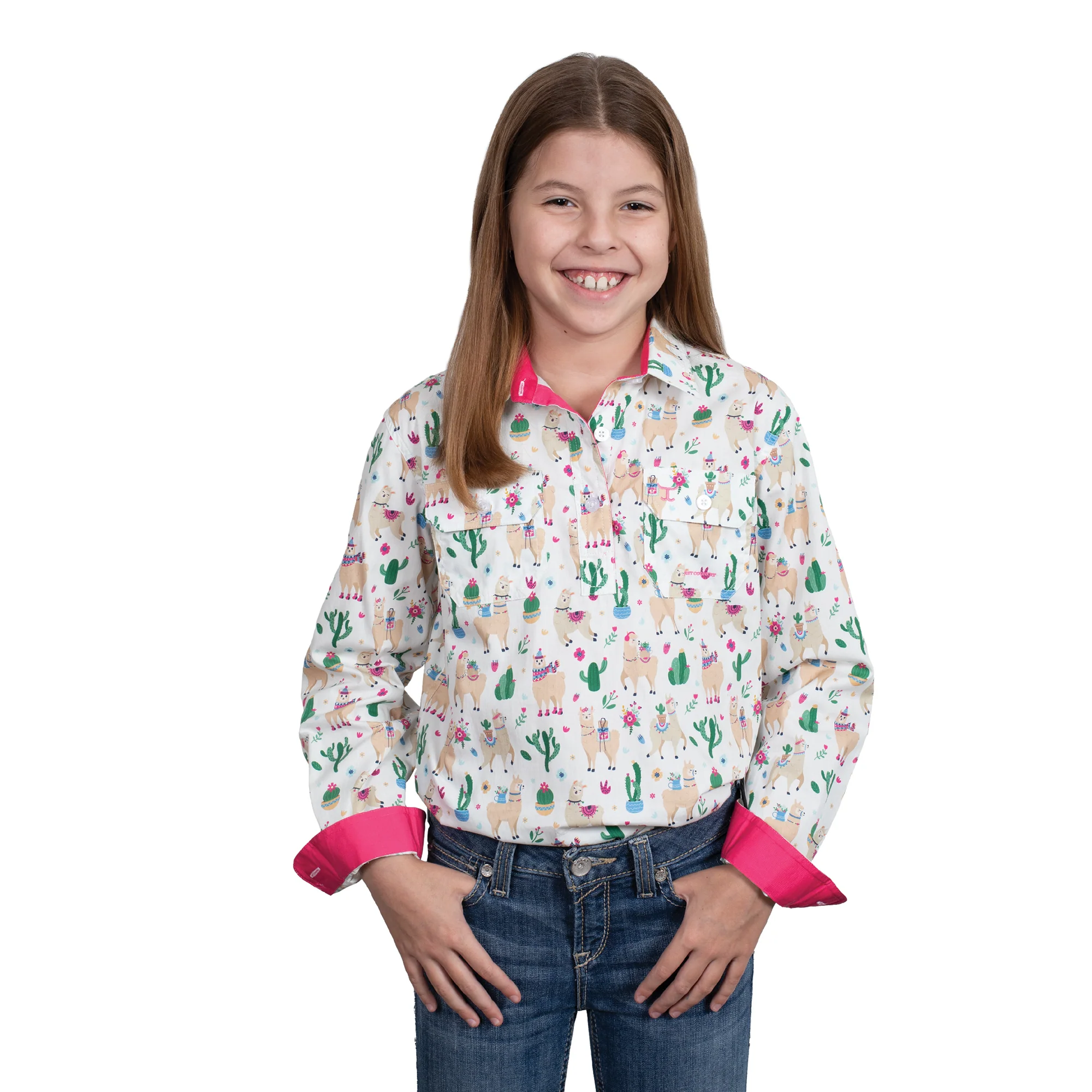 Just Country Girl's Harper Half Button Print Work Shirt - White Llamas