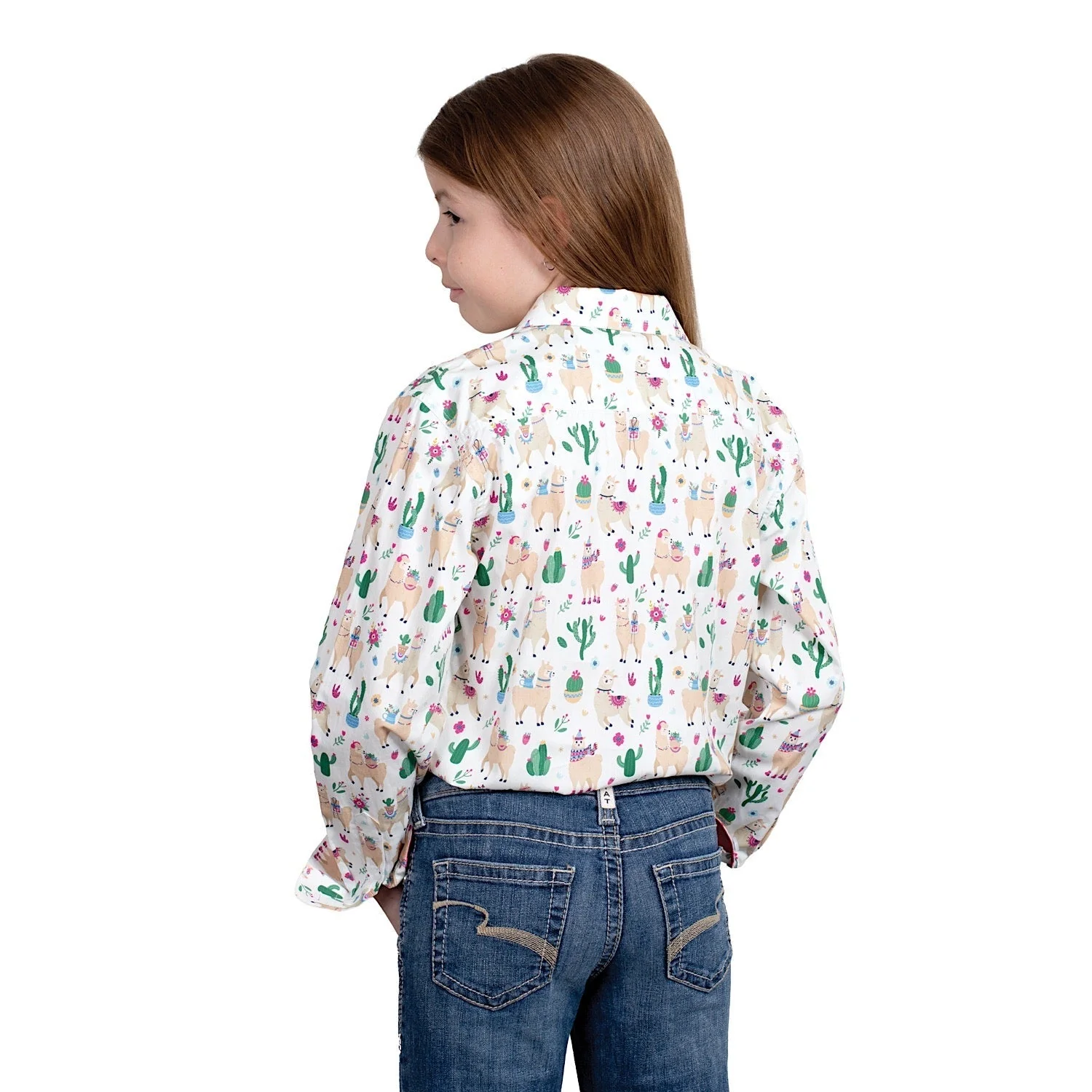 Just Country Girl's Harper Half Button Print Work Shirt - White Llamas - Image 2