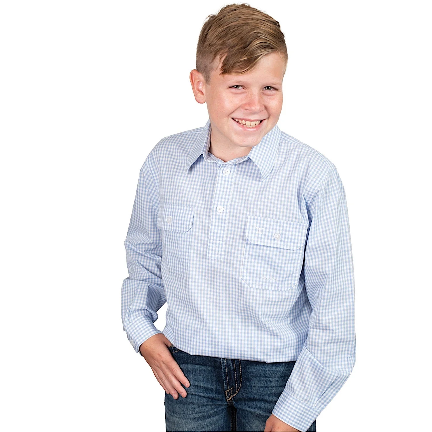 Just Country Kids Brayden Half Button Print Work Shirt - Dusty Blue Mini Check