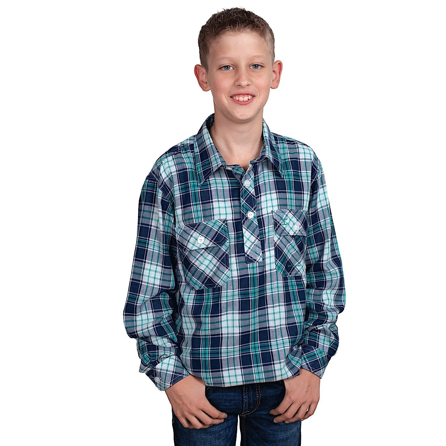 Just Country Kid's Brayden Half Button Print Work Shirt - Navy/Aqua Check