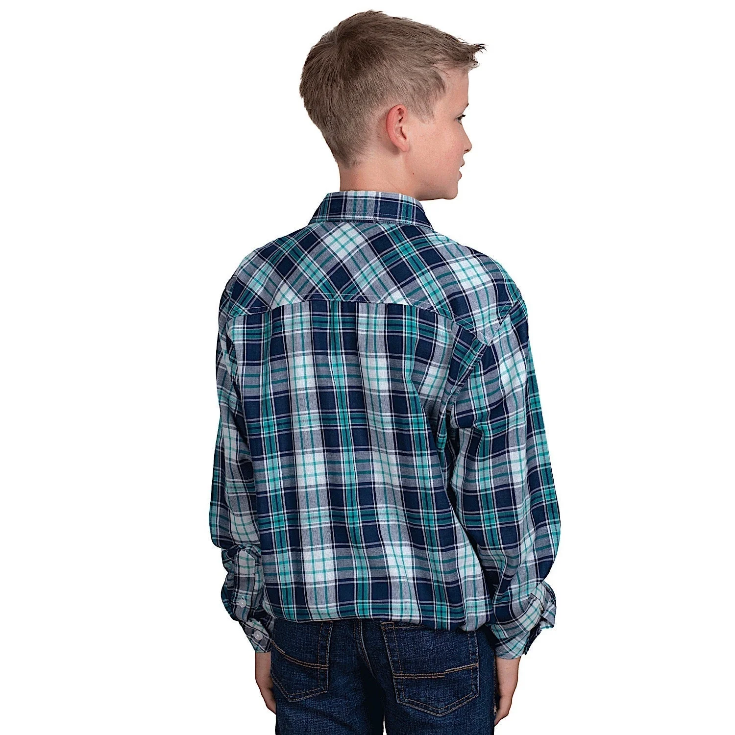 Just Country Kid's Brayden Half Button Print Work Shirt - Navy/Aqua Check - Image 2