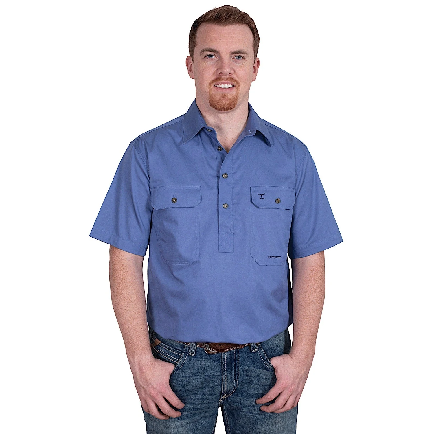 Just Country Men's Adam 1/2 Button Short Sleeve Work Shirt - Blue