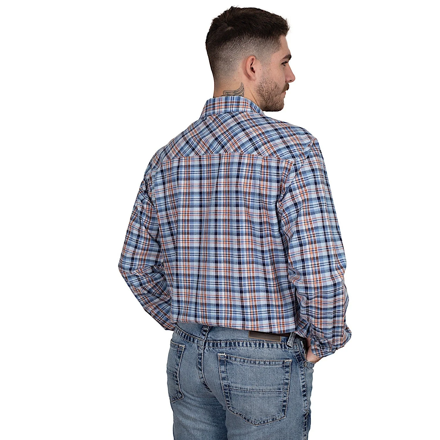 Just Country Men's Austin Full Button Print Workshirt - Blue/Navy/Orange Plaid - Image 2
