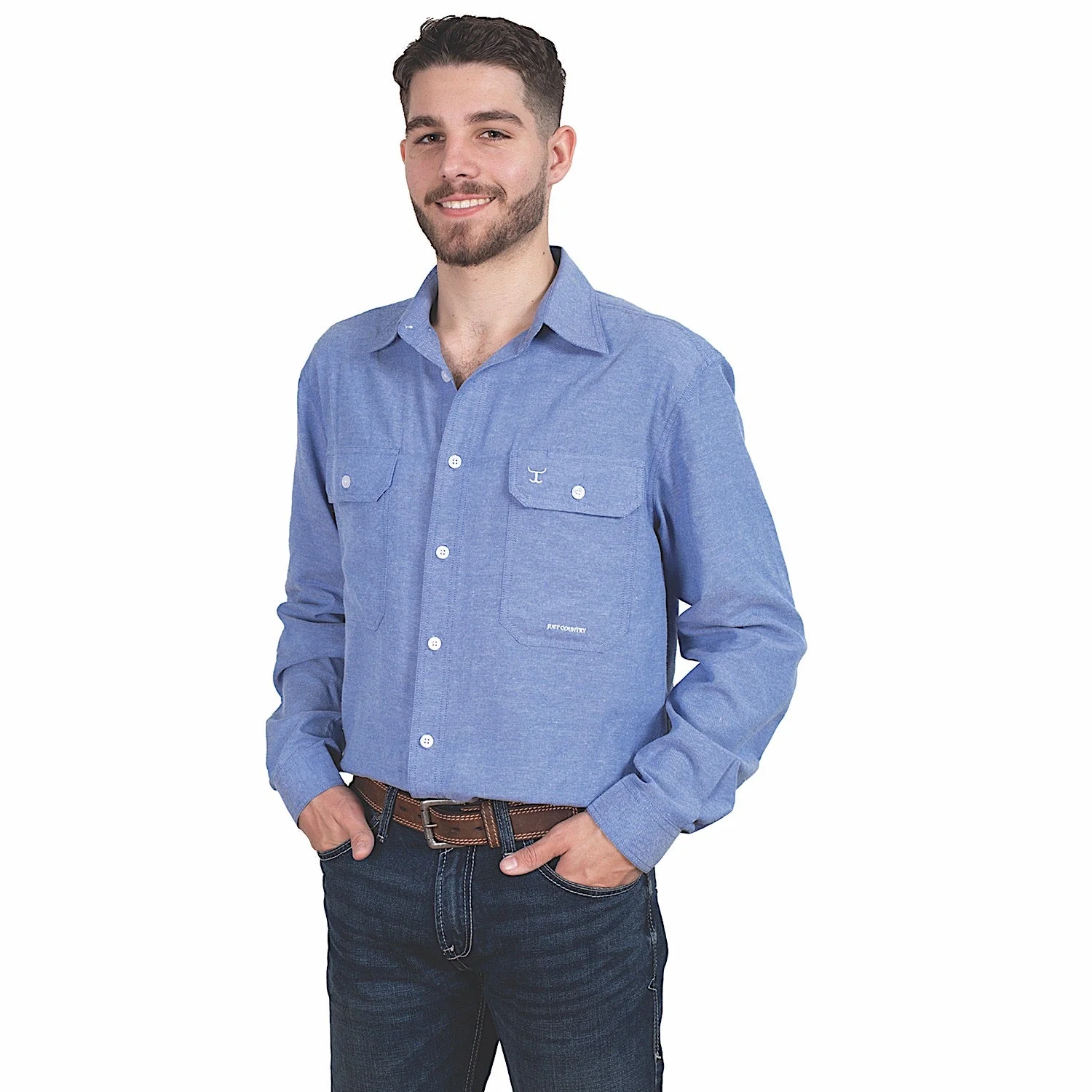Just Country Men's Austin Full Button Print Workshirt - Cobalt Blue Chambray