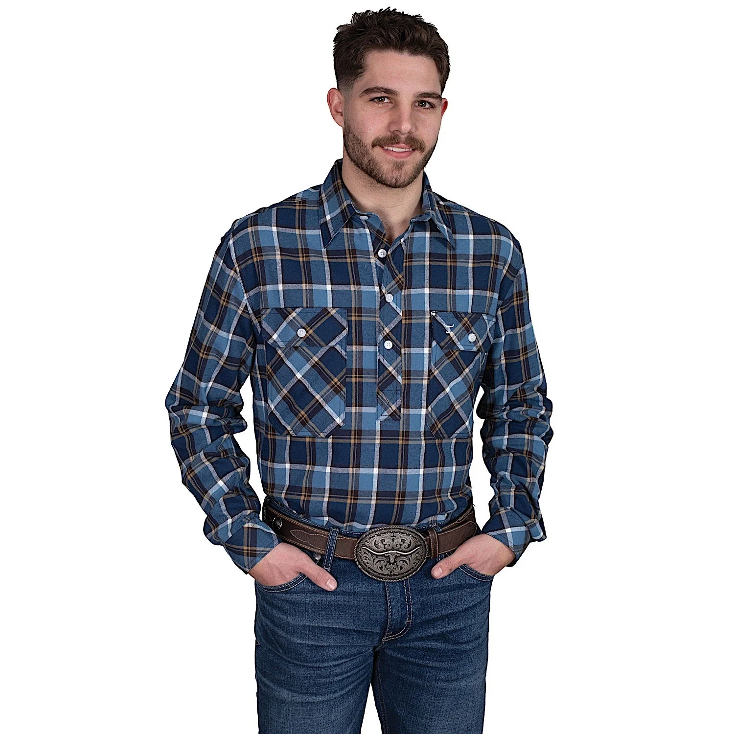 Just Country Men's Cameron Flannel Shirt - Plaid Blue / Navy / Tan