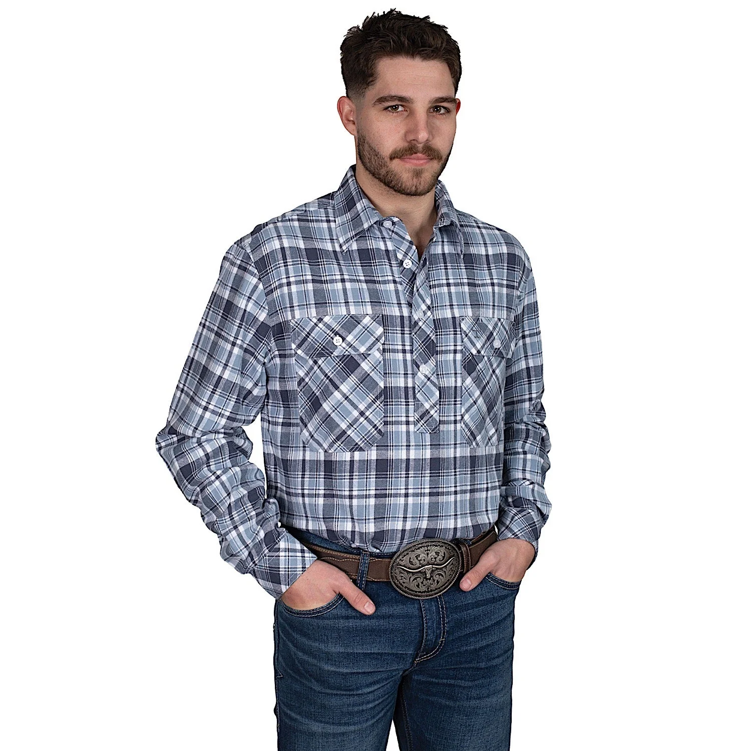 Just Country Men's Cameron Flannel Shirt - Plaid Grey / Navy / White
