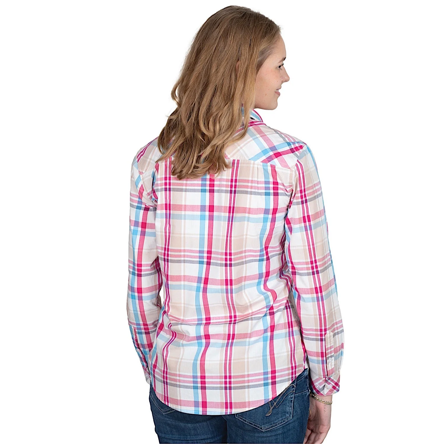Just Country Women's Abbey Full Button Print Work Shirt - Pink/Blue/Tan Plaid - Image 2