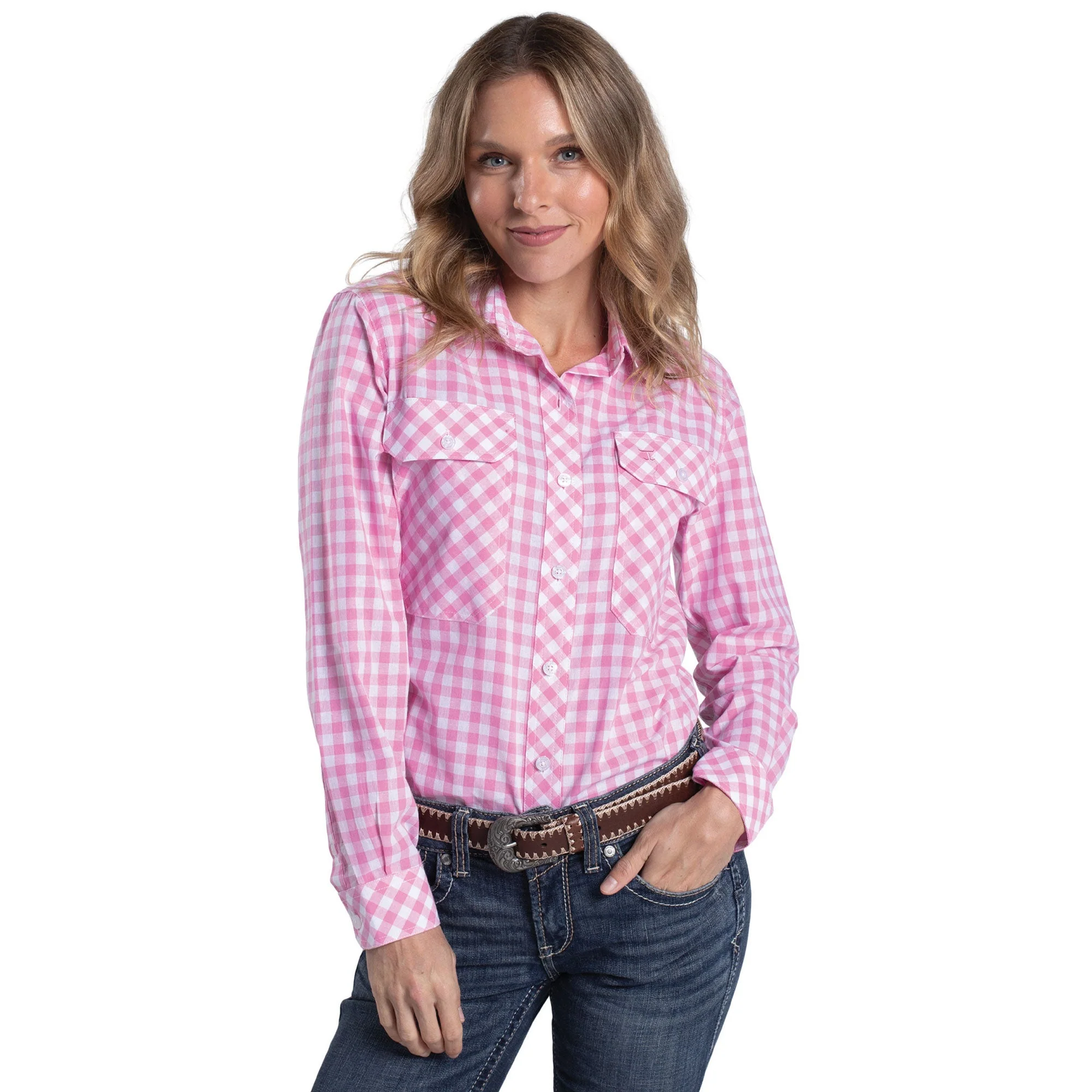 Just Country Women's Abbey Full Button Print Workshirt - Pink Lemonade / White