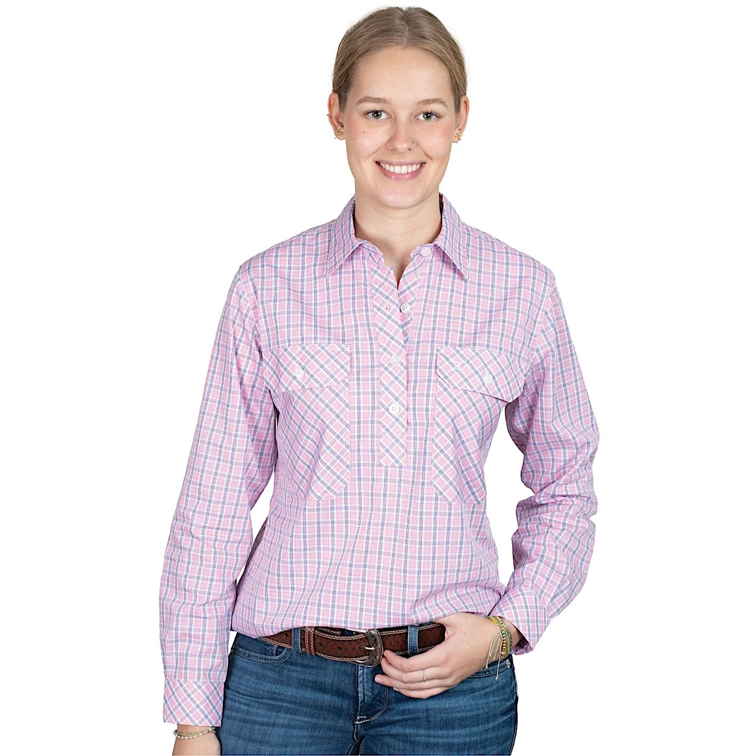 Just Country Women's Georgie Half Button Print Work Shirt - Light Pink/Navy Plaid